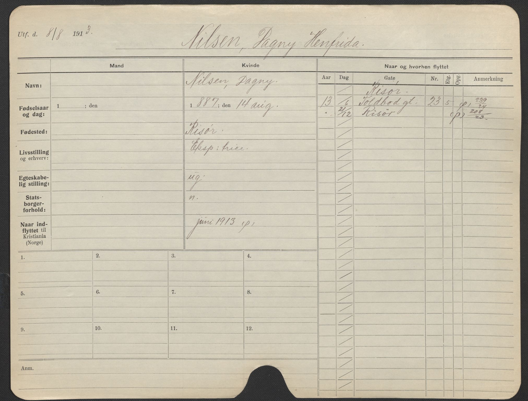 Oslo folkeregister, Registerkort, AV/SAO-A-11715/F/Fa/Fac/L0021: Kvinner, 1906-1914, p. 202a