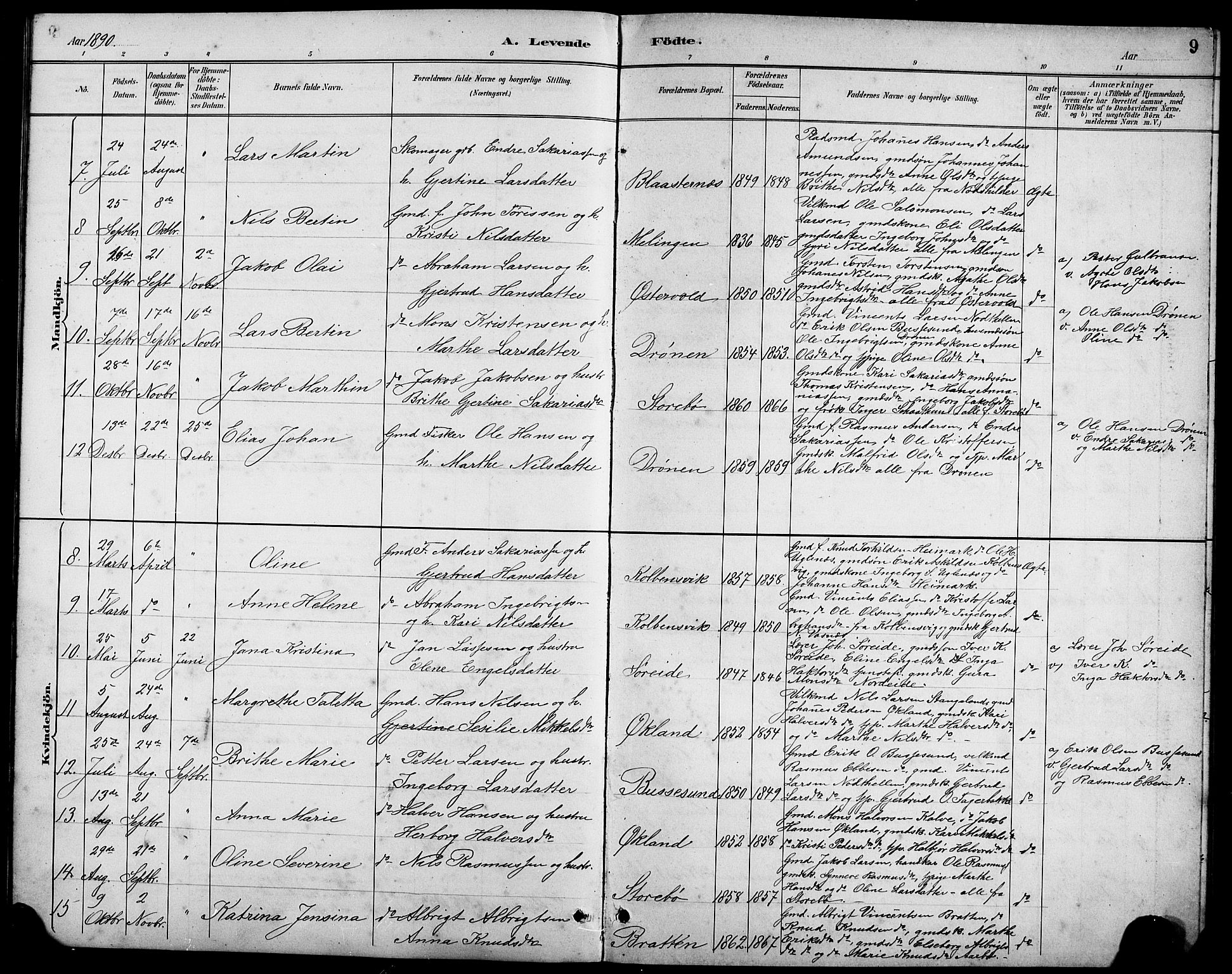 Austevoll Sokneprestembete, SAB/A-74201/H/Hab: Parish register (copy) no. A 3, 1889-1900, p. 9
