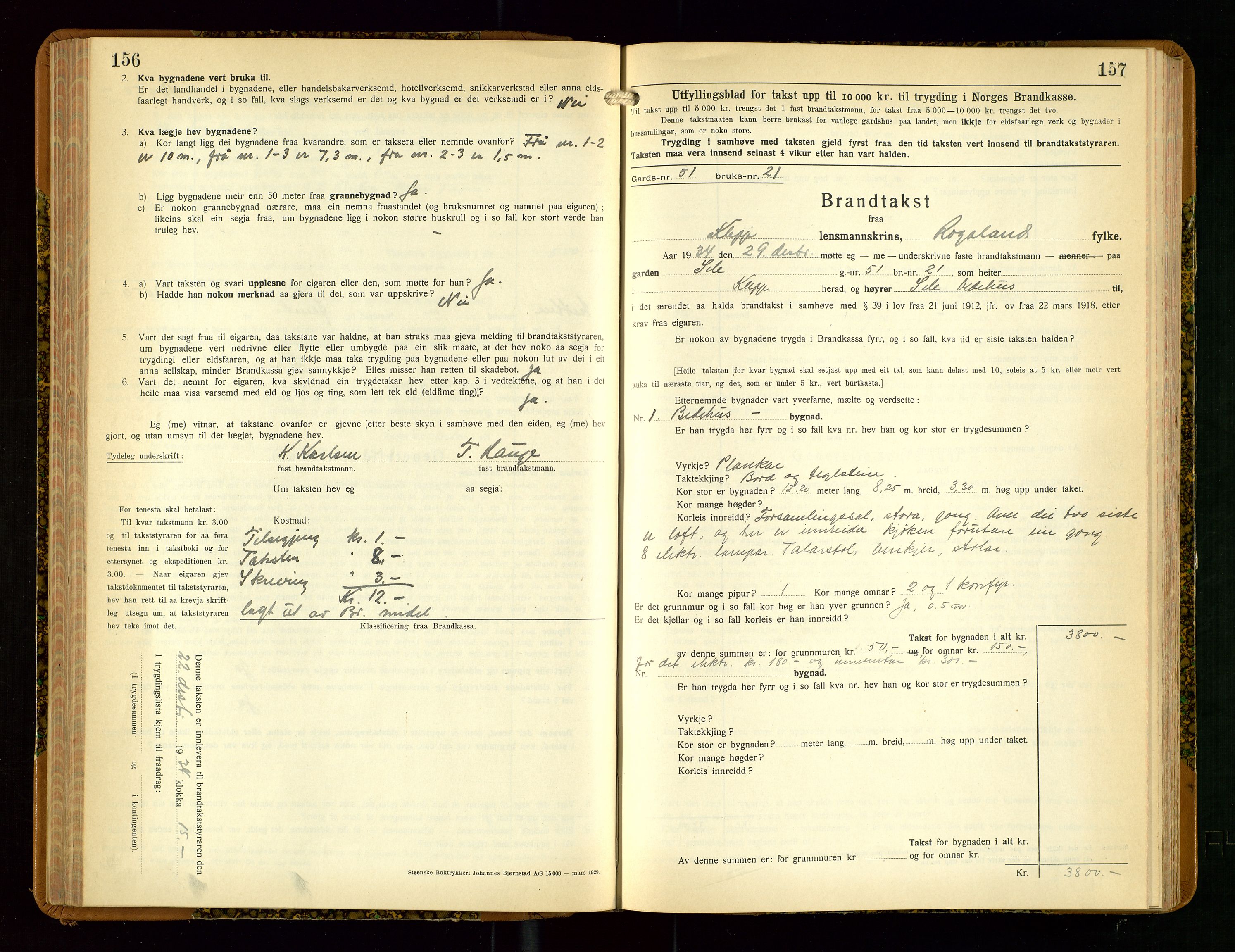 Klepp lensmannskontor, SAST/A-100163/Goc/L0013: "Brandtakstbok" m/register, 1933-1937, p. 156-157