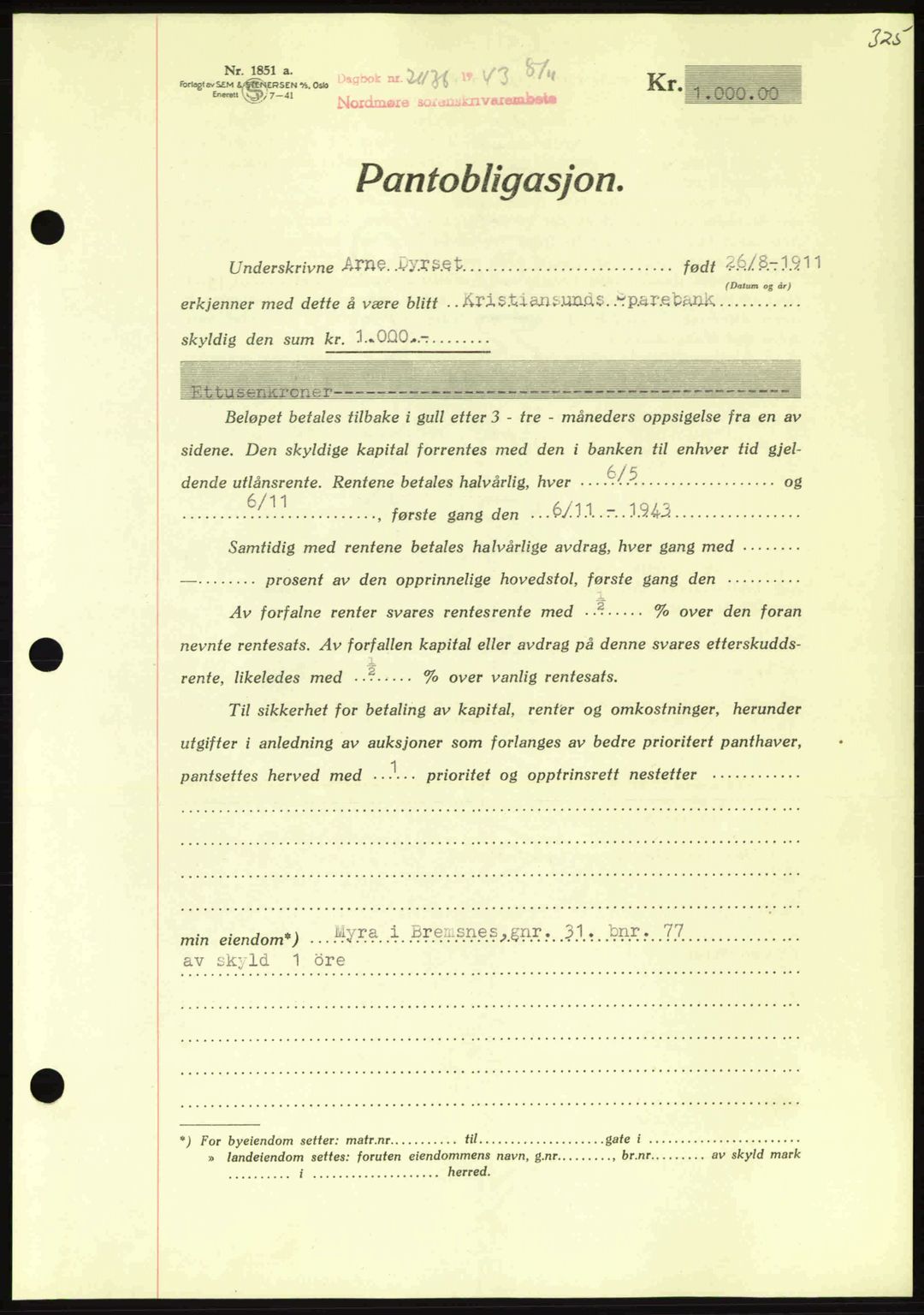 Nordmøre sorenskriveri, AV/SAT-A-4132/1/2/2Ca: Mortgage book no. B91, 1943-1944, Diary no: : 2436/1943