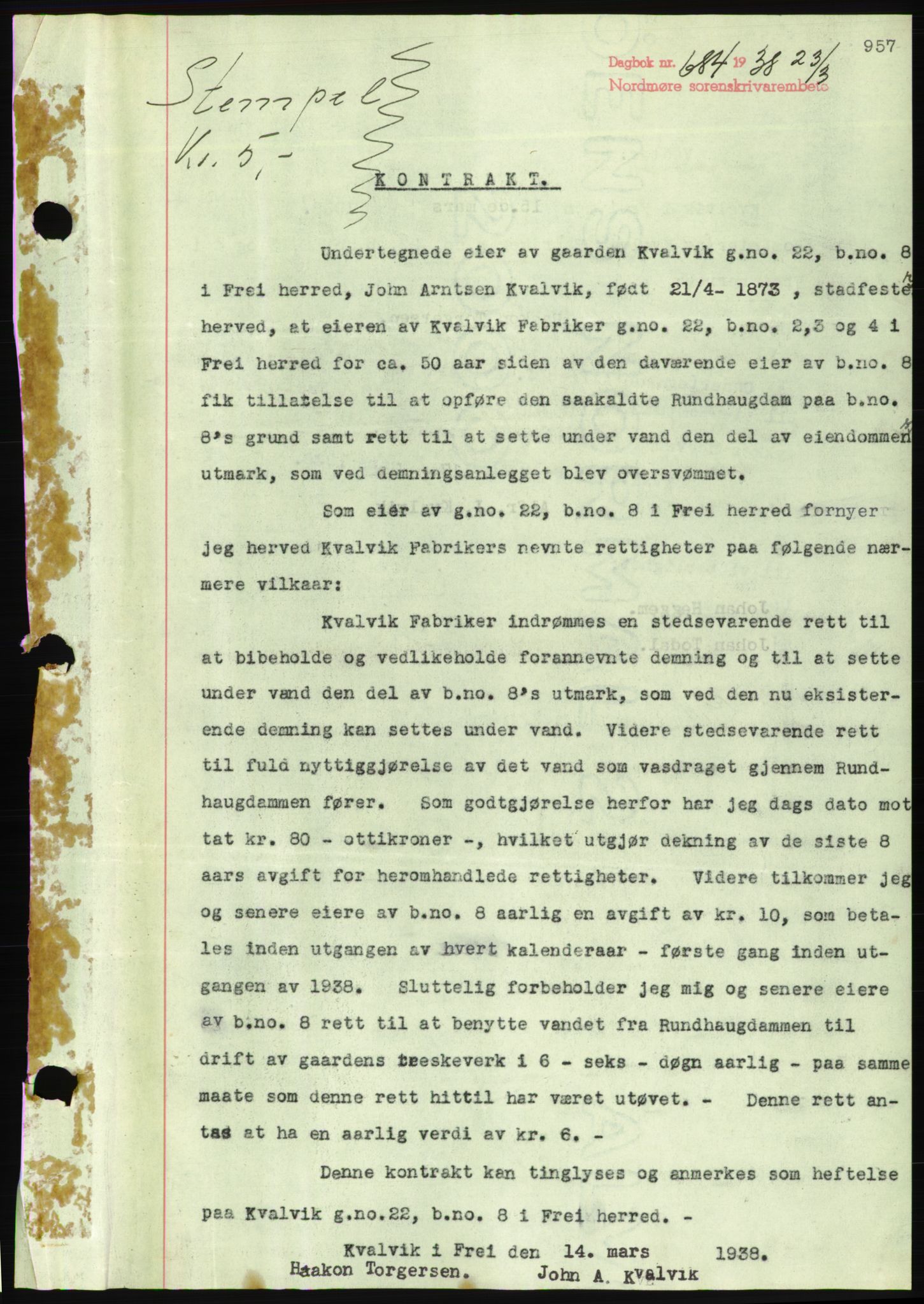 Nordmøre sorenskriveri, AV/SAT-A-4132/1/2/2Ca/L0092: Mortgage book no. B82, 1937-1938, Diary no: : 684/1938