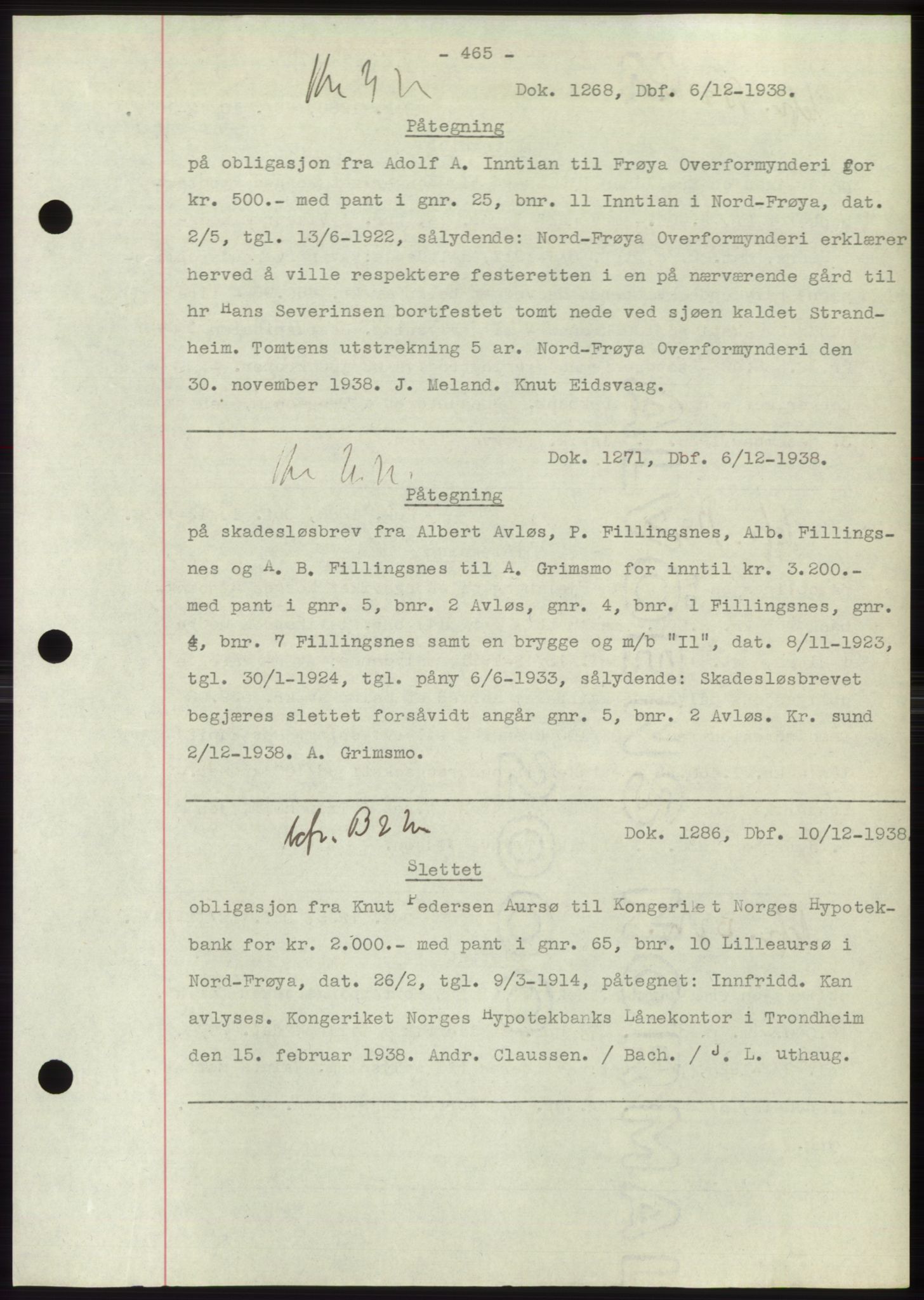 Hitra sorenskriveri, AV/SAT-A-0018/2/2C/2Ca: Mortgage book no. C1, 1936-1945, Diary no: : 1268/1938