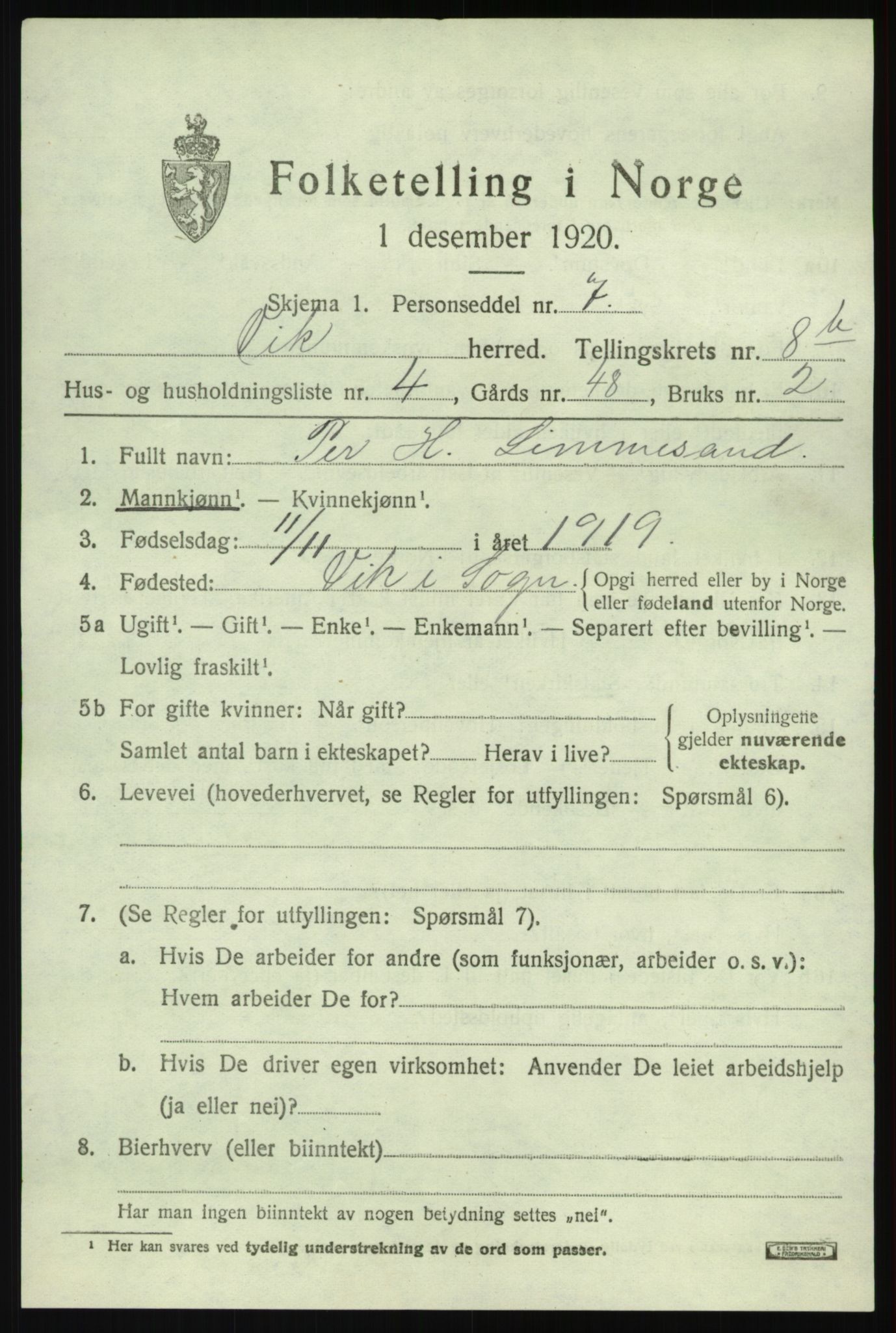 SAB, 1920 census for Vik, 1920, p. 5513