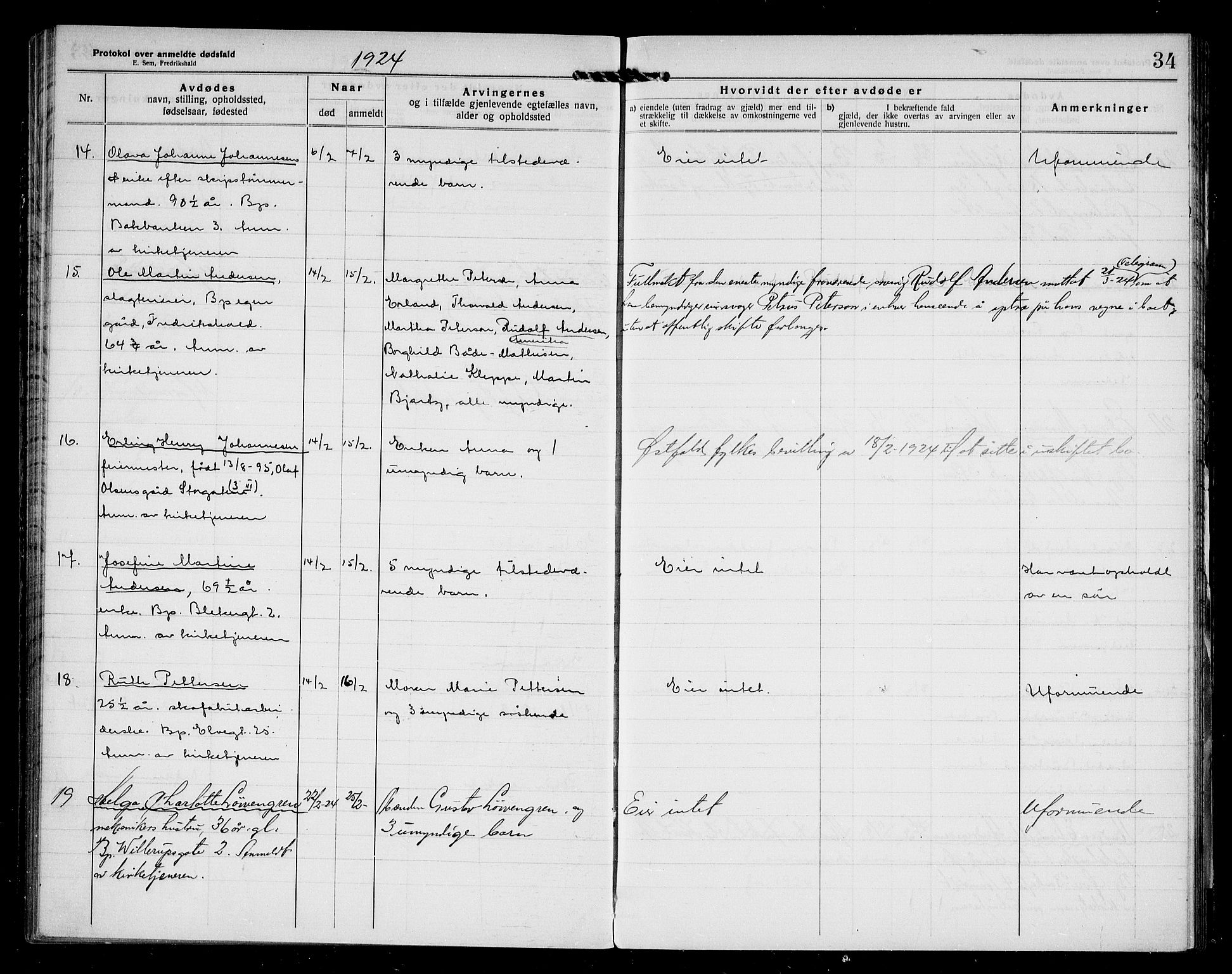 Halden byfogd, AV/SAO-A-10865/H/Hb/Hba/L0005: Dødsanmeldelsesprotokoll, 1922-1927, p. 34