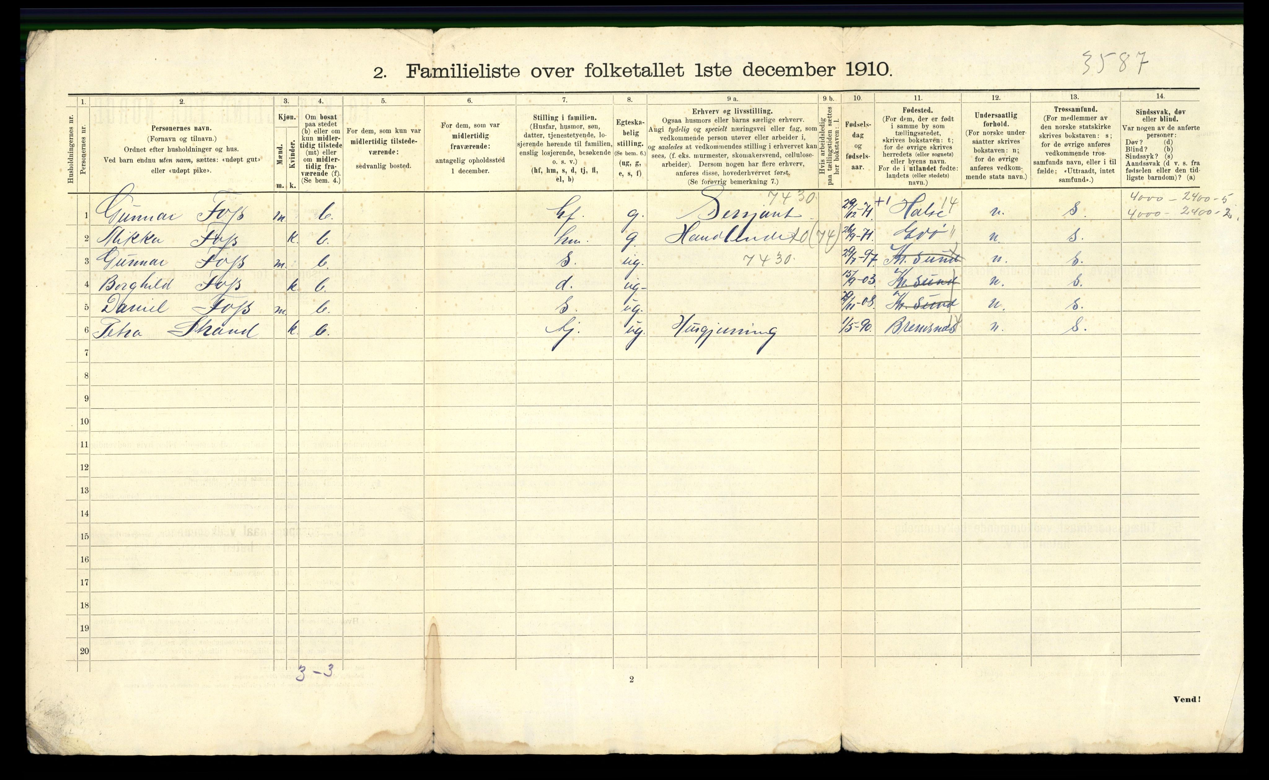 RA, 1910 census for Kristiansund, 1910, p. 3920