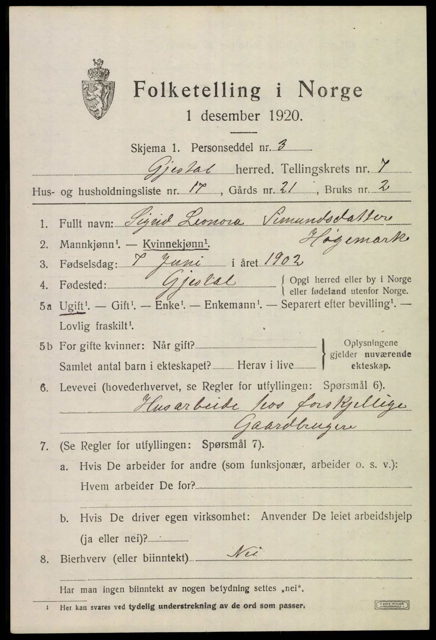 SAST, 1920 census for Gjesdal, 1920, p. 3758