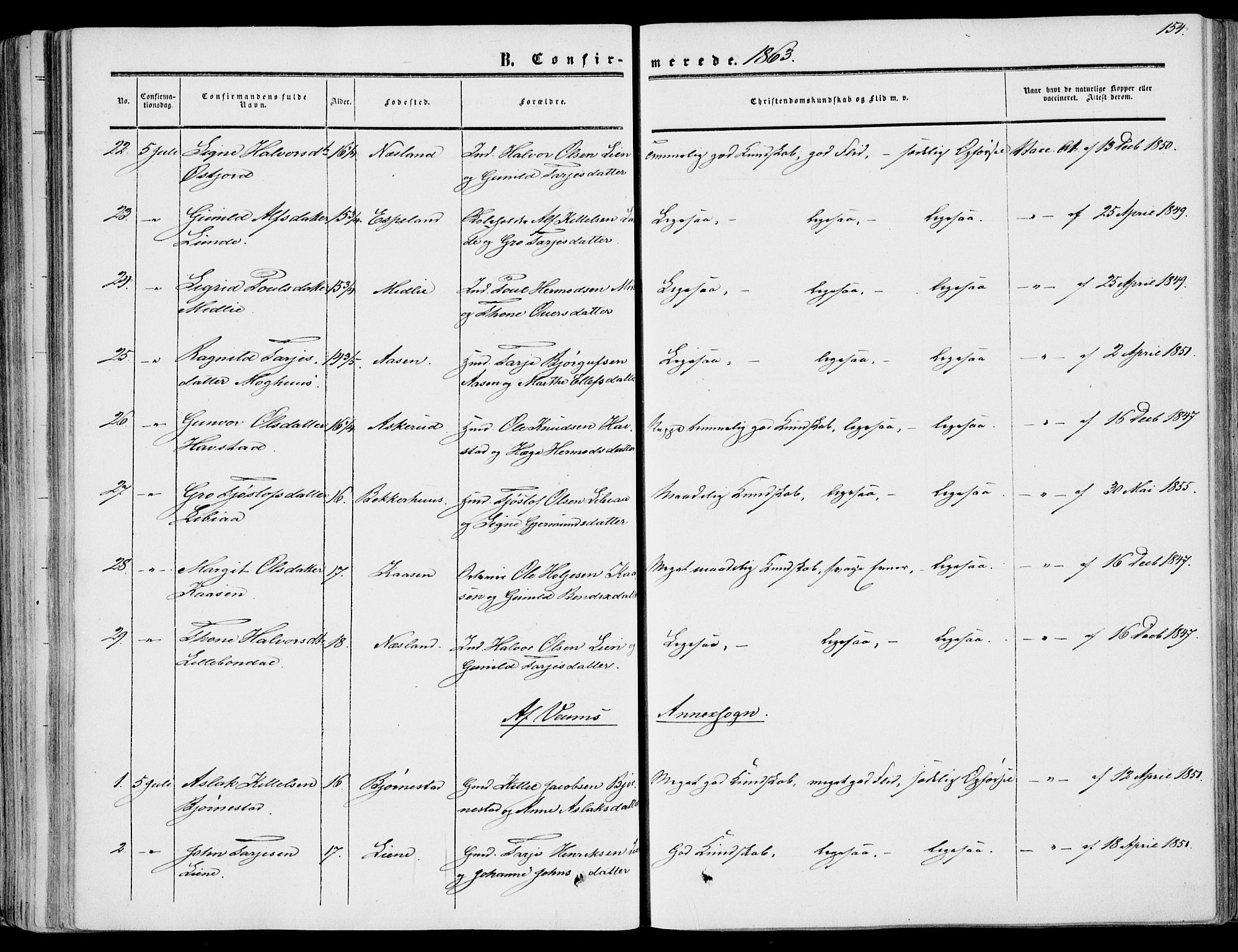 Fyresdal kirkebøker, SAKO/A-263/F/Fa/L0005: Parish register (official) no. I 5, 1855-1871, p. 154