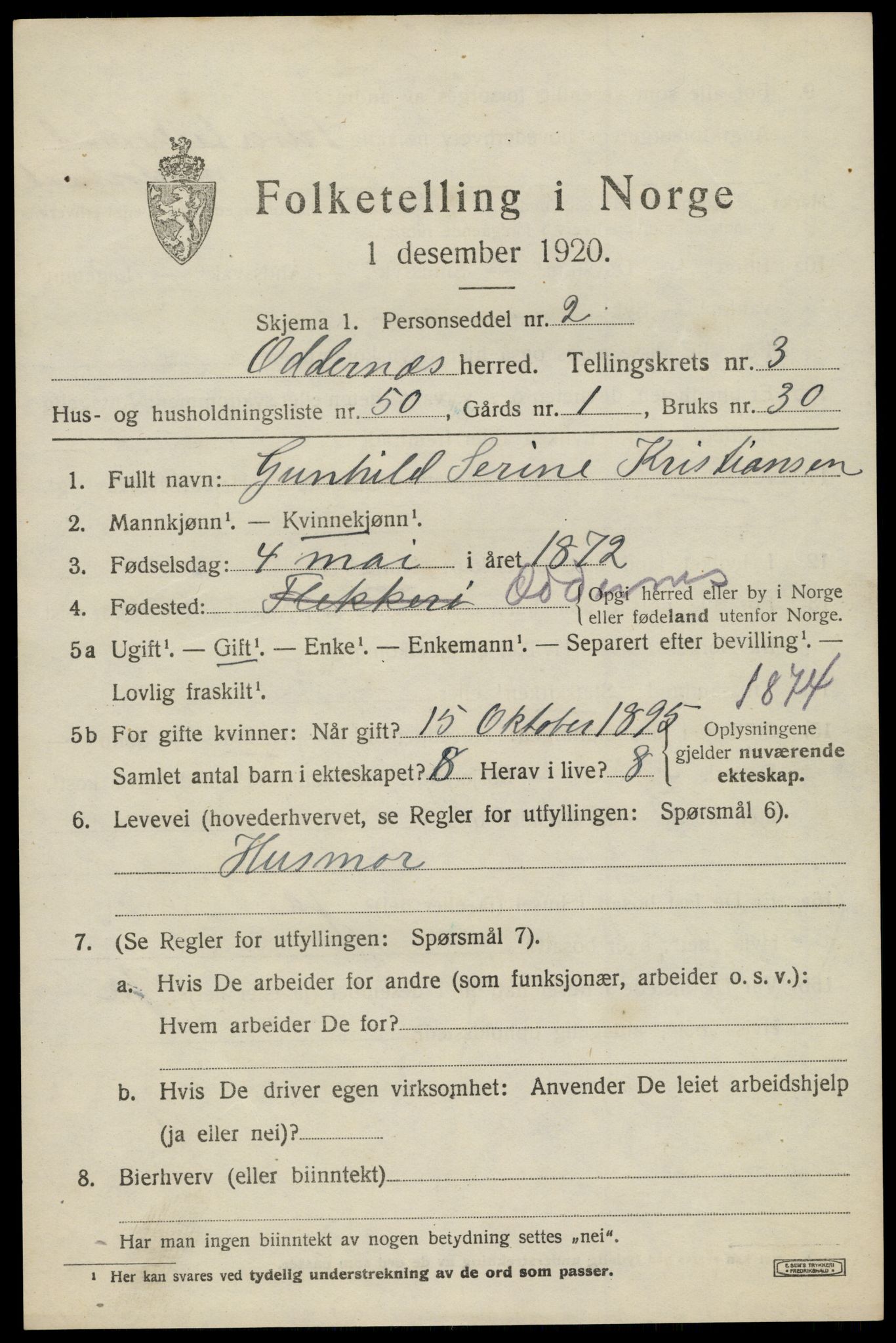 SAK, 1920 census for Oddernes, 1920, p. 3895