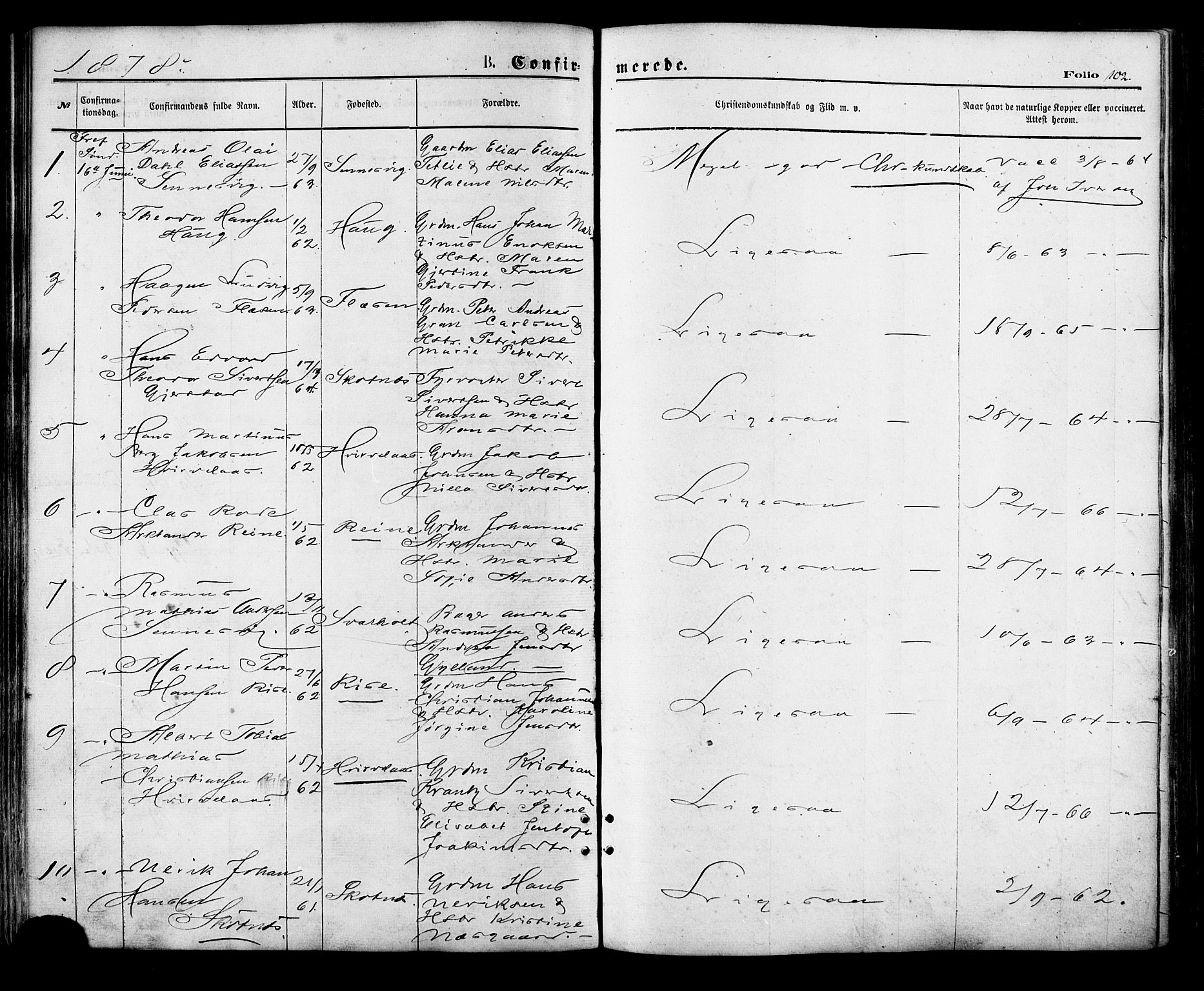 Ministerialprotokoller, klokkerbøker og fødselsregistre - Nordland, AV/SAT-A-1459/881/L1166: Parish register (copy) no. 881C03, 1876-1885, p. 102