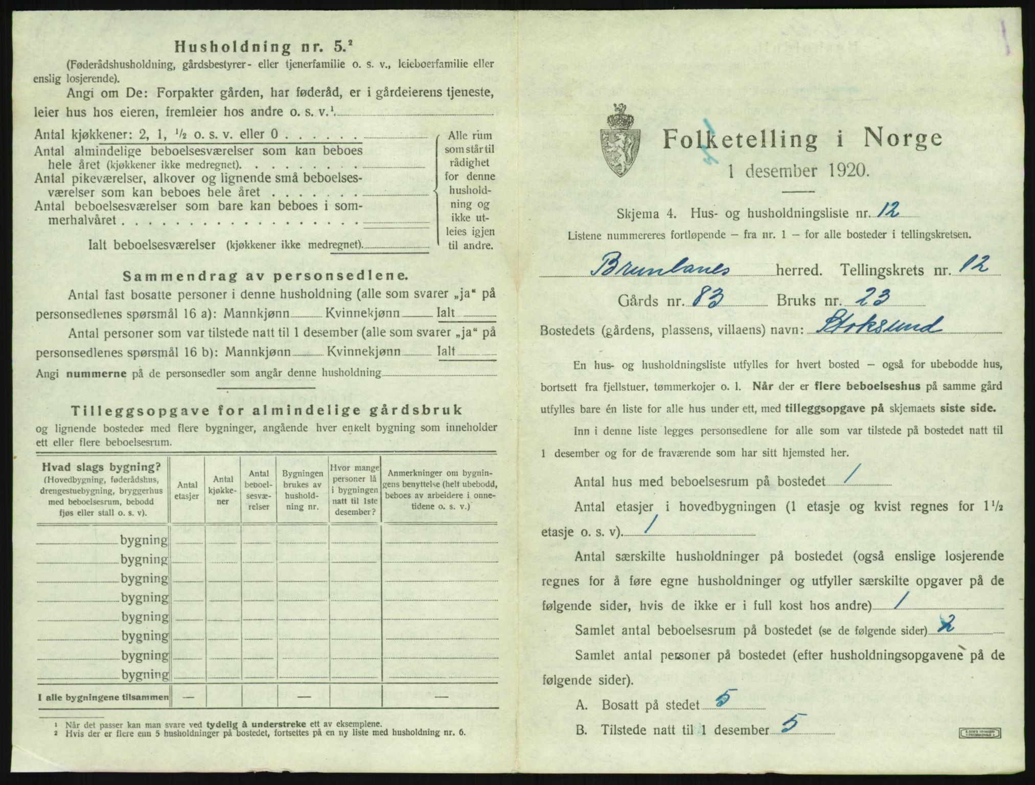 SAKO, 1920 census for Brunlanes, 1920, p. 1719