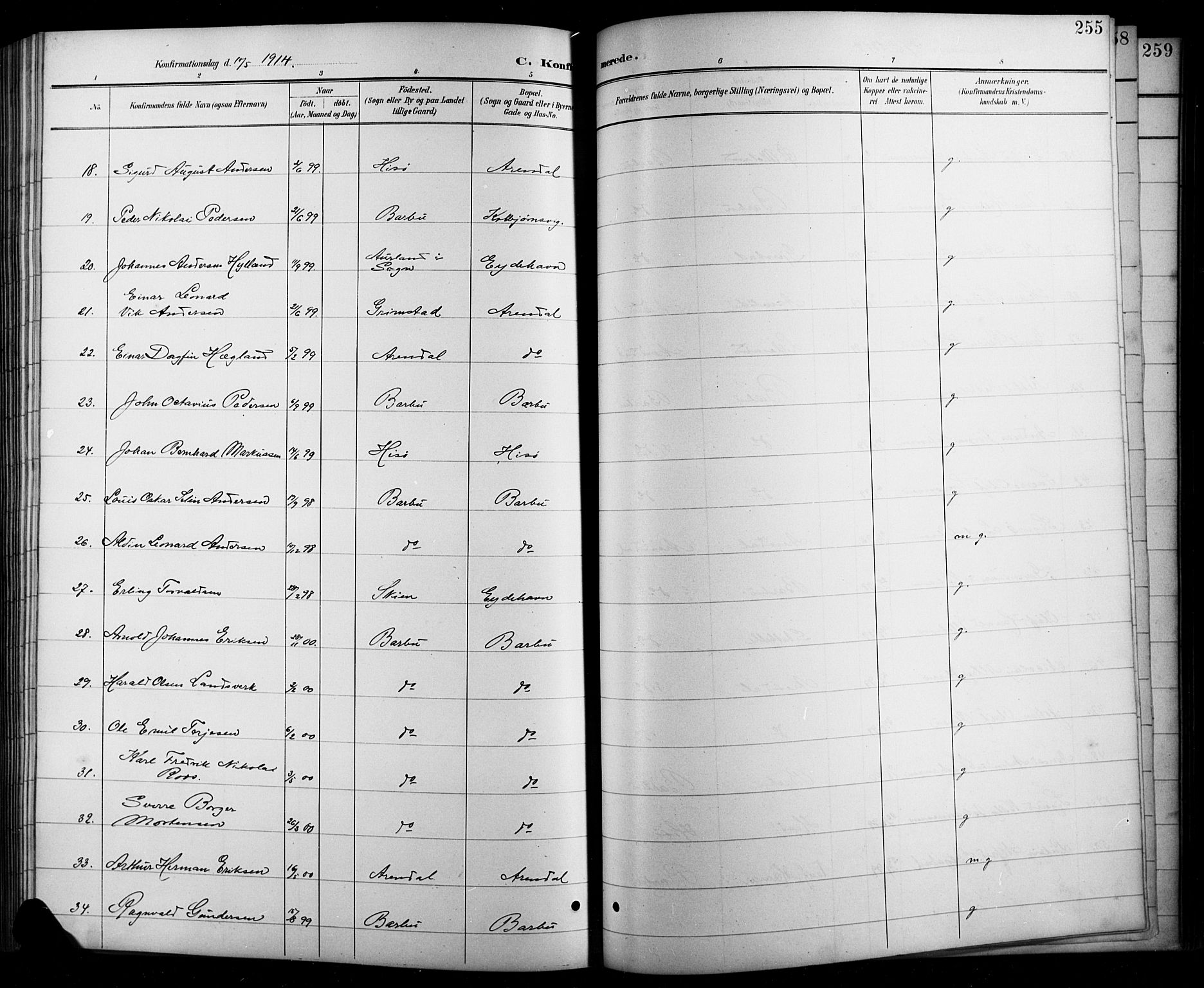 Arendal sokneprestkontor, Trefoldighet, AV/SAK-1111-0040/F/Fb/L0006: Parish register (copy) no. B 6, 1889-1916, p. 255