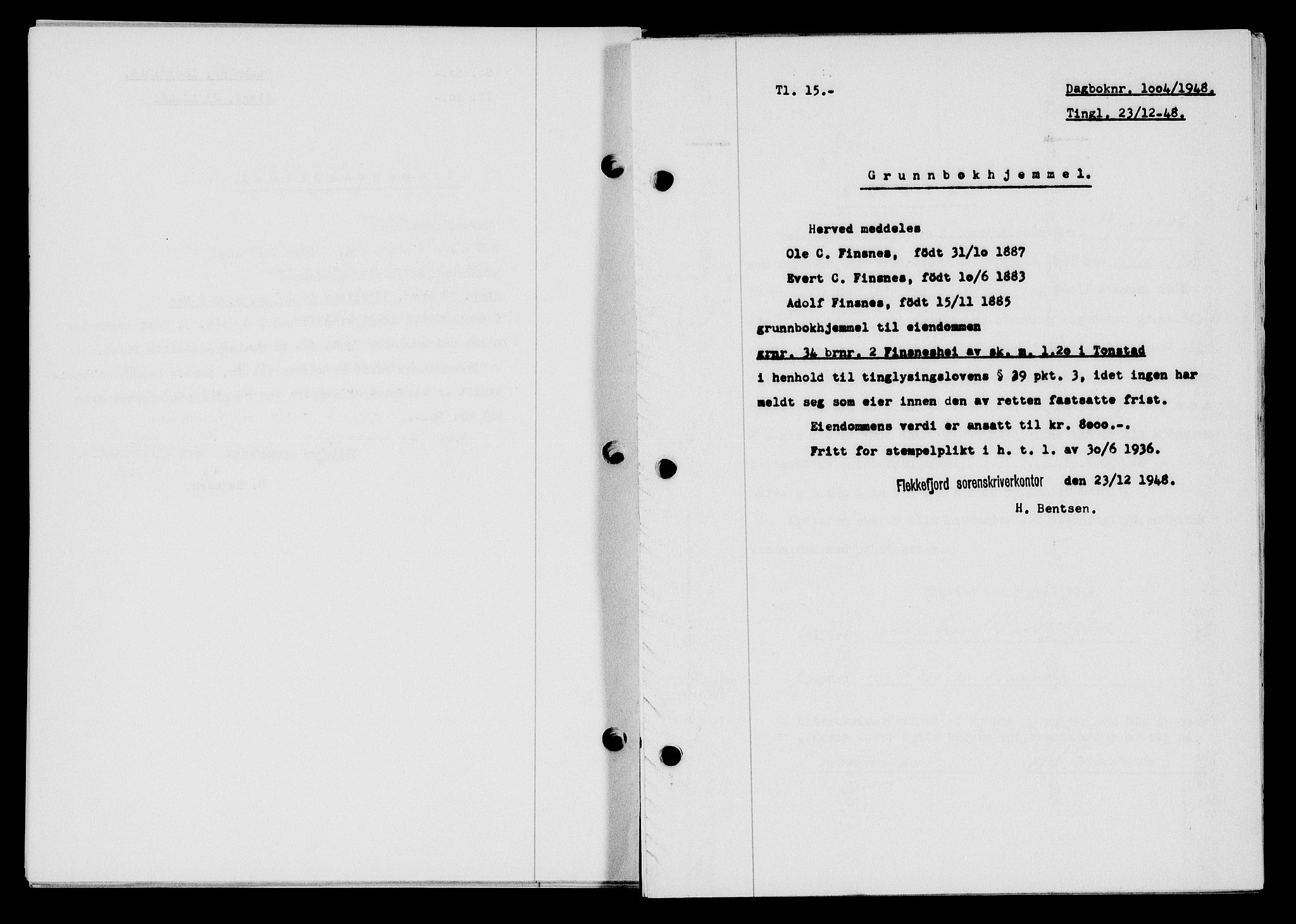Flekkefjord sorenskriveri, SAK/1221-0001/G/Gb/Gba/L0064: Mortgage book no. A-12, 1948-1949, Diary no: : 1004/1948