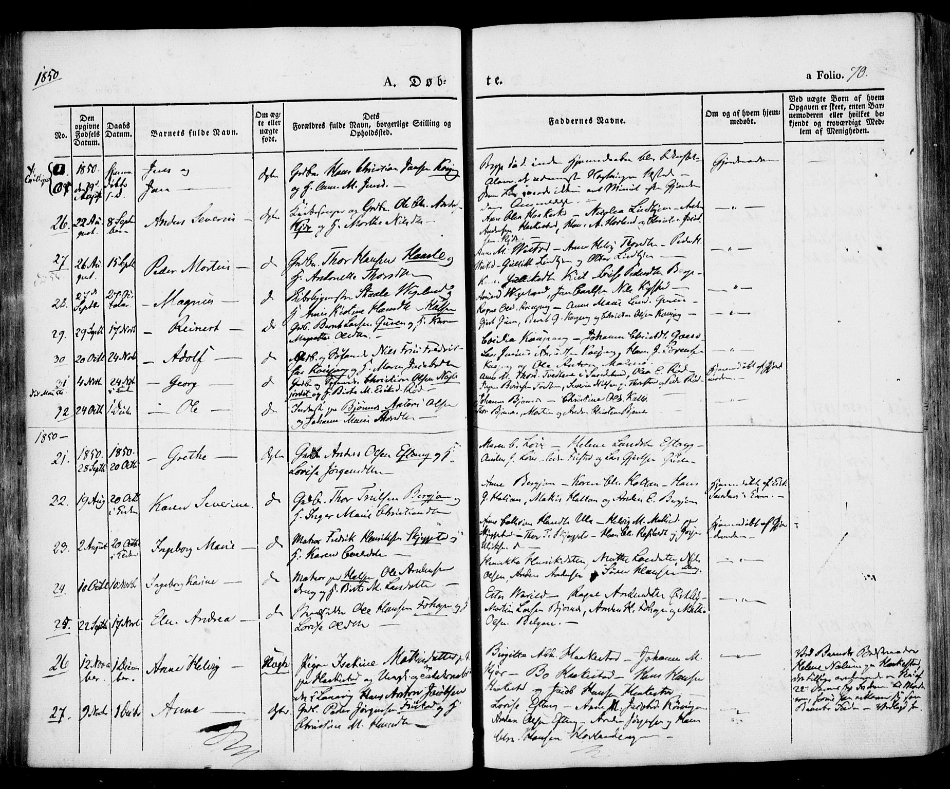 Tjølling kirkebøker, AV/SAKO-A-60/F/Fa/L0006: Parish register (official) no. 6, 1835-1859, p. 70