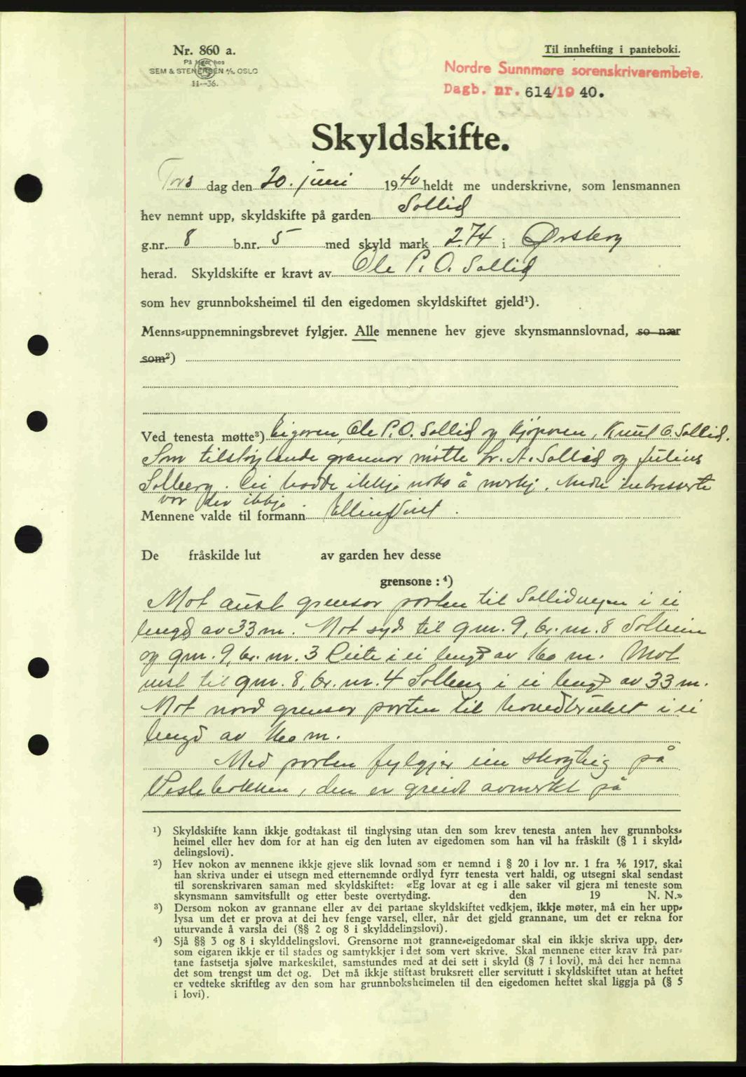 Nordre Sunnmøre sorenskriveri, AV/SAT-A-0006/1/2/2C/2Ca: Mortgage book no. A8, 1939-1940, Diary no: : 614/1940