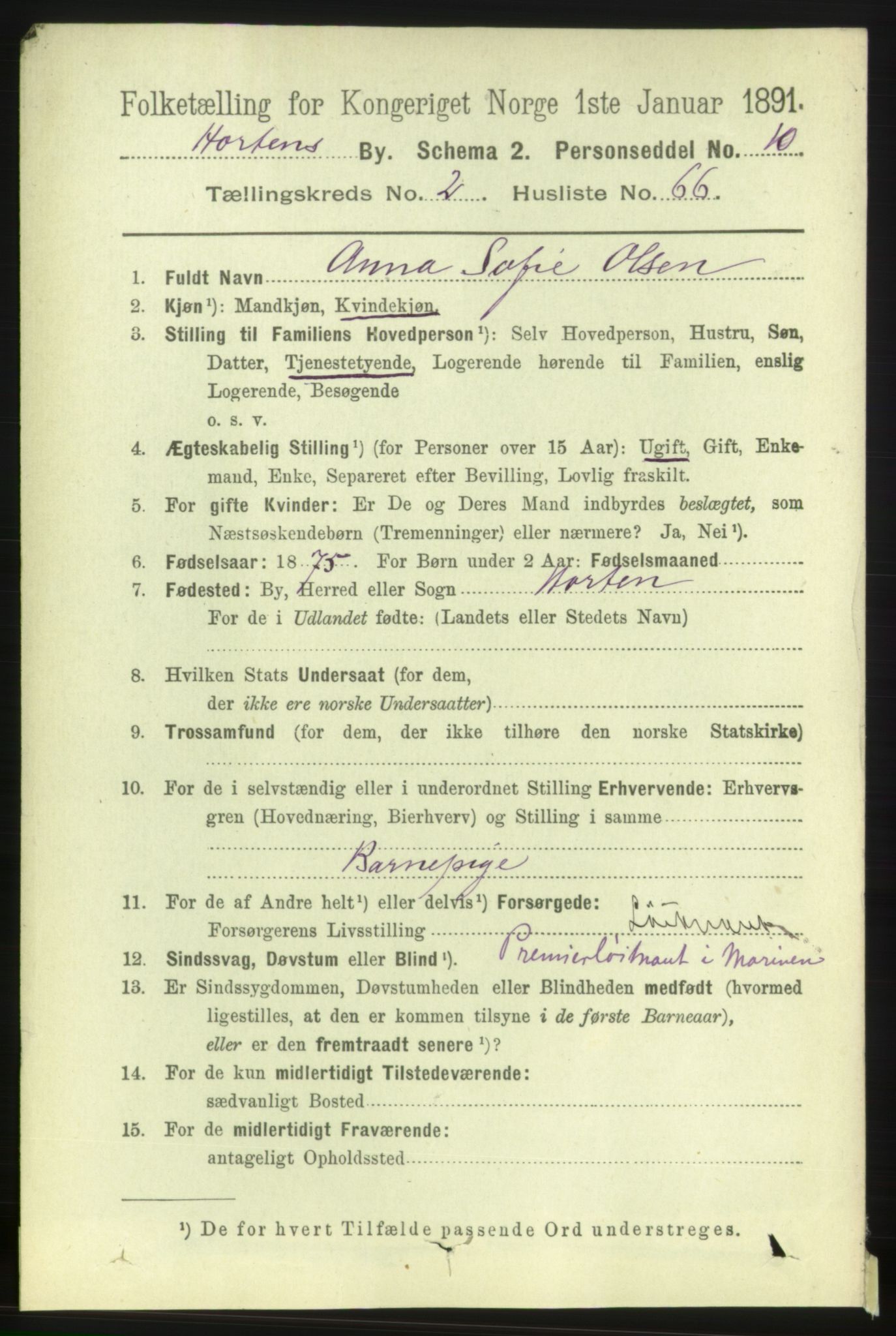 RA, 1891 census for 0703 Horten, 1891, p. 2684