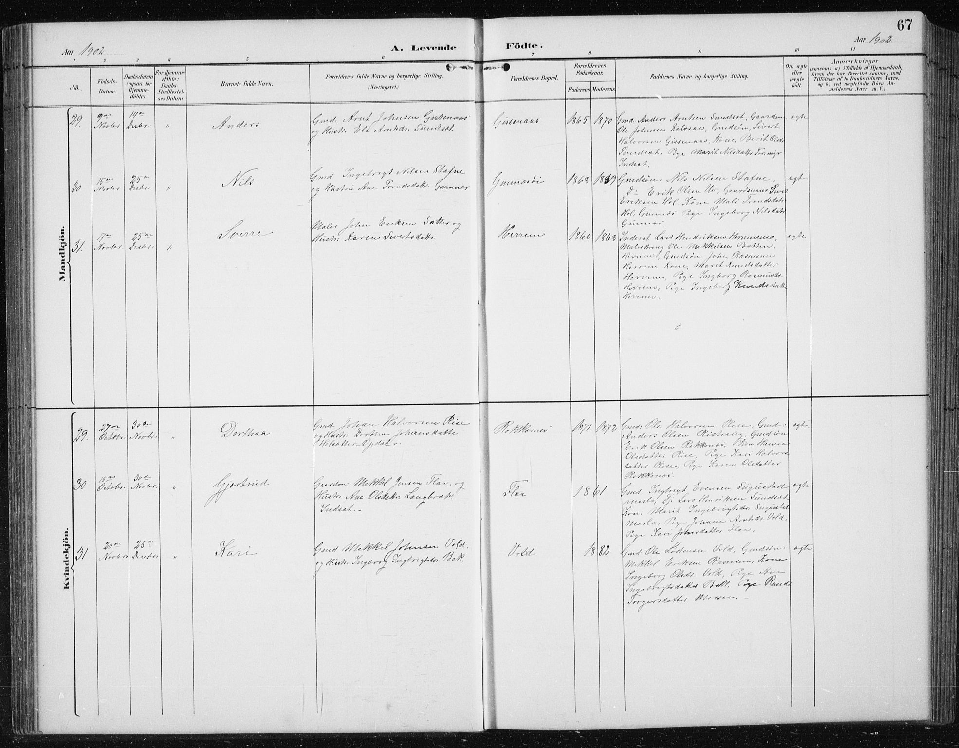 Ministerialprotokoller, klokkerbøker og fødselsregistre - Sør-Trøndelag, SAT/A-1456/674/L0876: Parish register (copy) no. 674C03, 1892-1912, p. 67