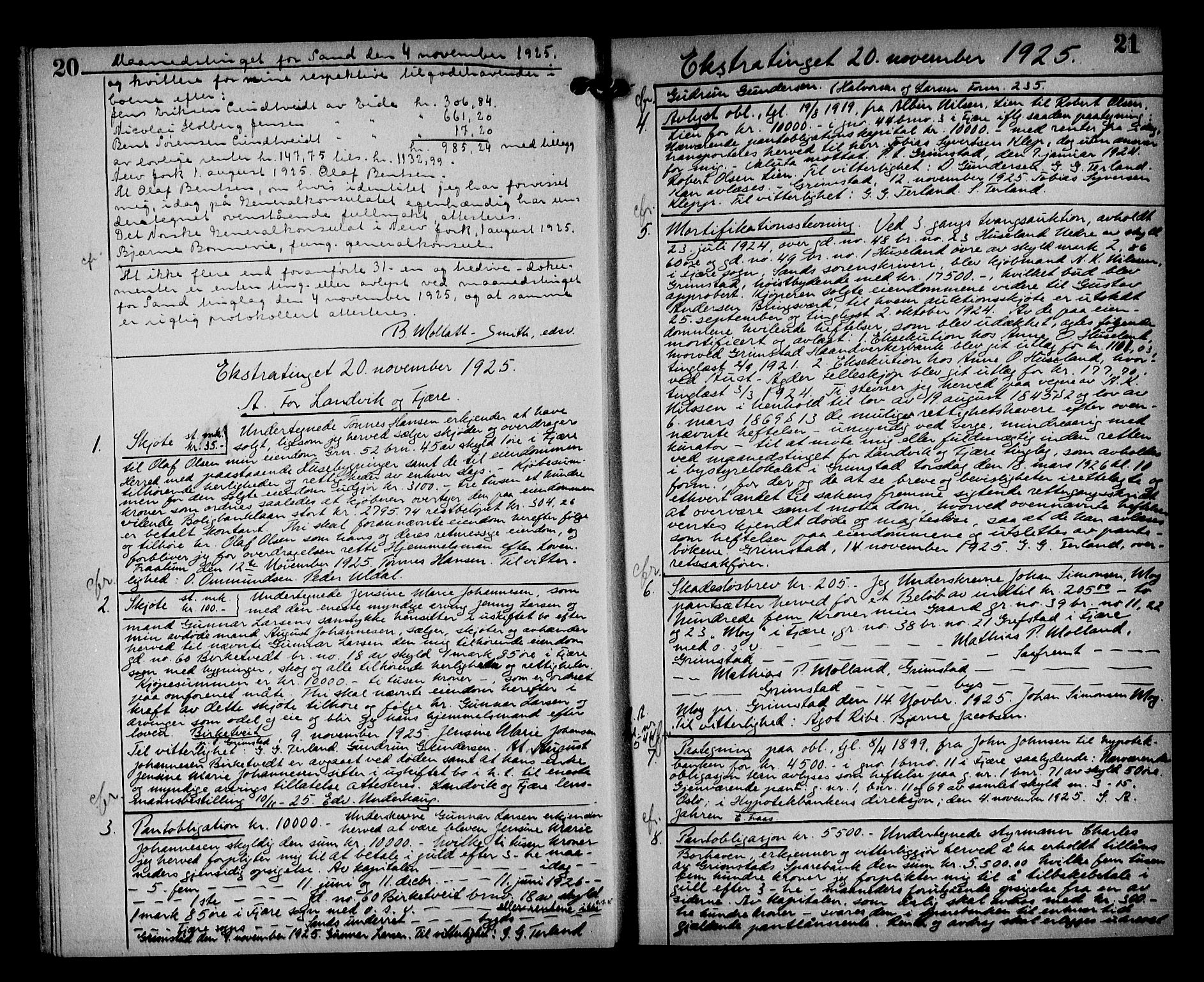 Vestre Nedenes/Sand sorenskriveri, AV/SAK-1221-0010/G/Gb/Gba/L0035: Mortgage book no. 61, 1925-1929, p. 20-21