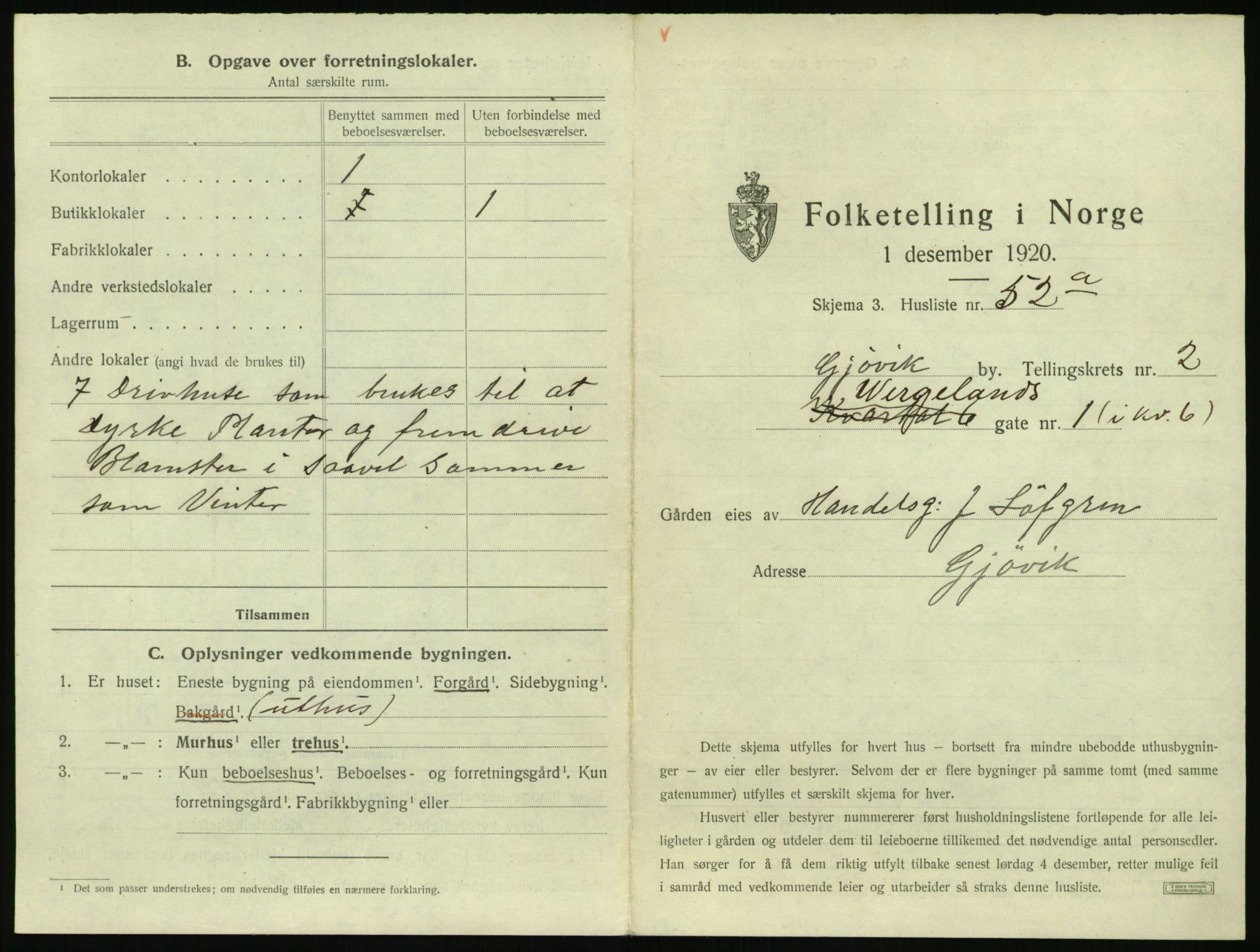 SAH, 1920 census for Gjøvik, 1920, p. 256