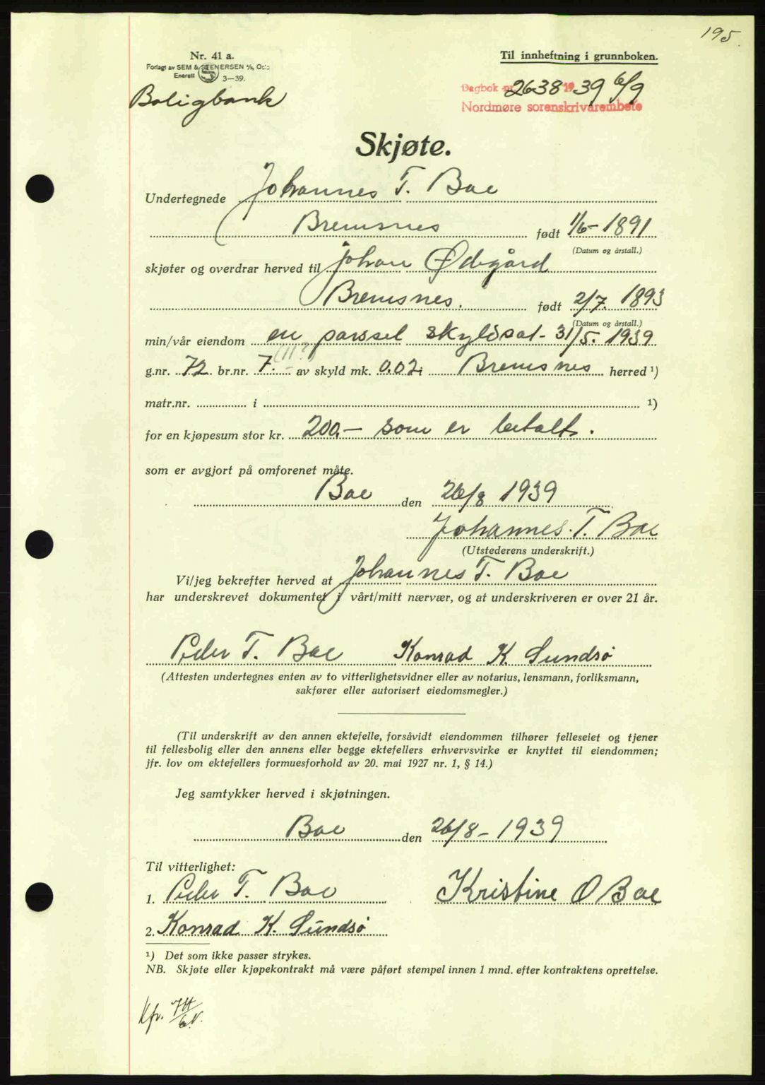 Nordmøre sorenskriveri, AV/SAT-A-4132/1/2/2Ca: Mortgage book no. A87, 1939-1940, Diary no: : 2638/1939