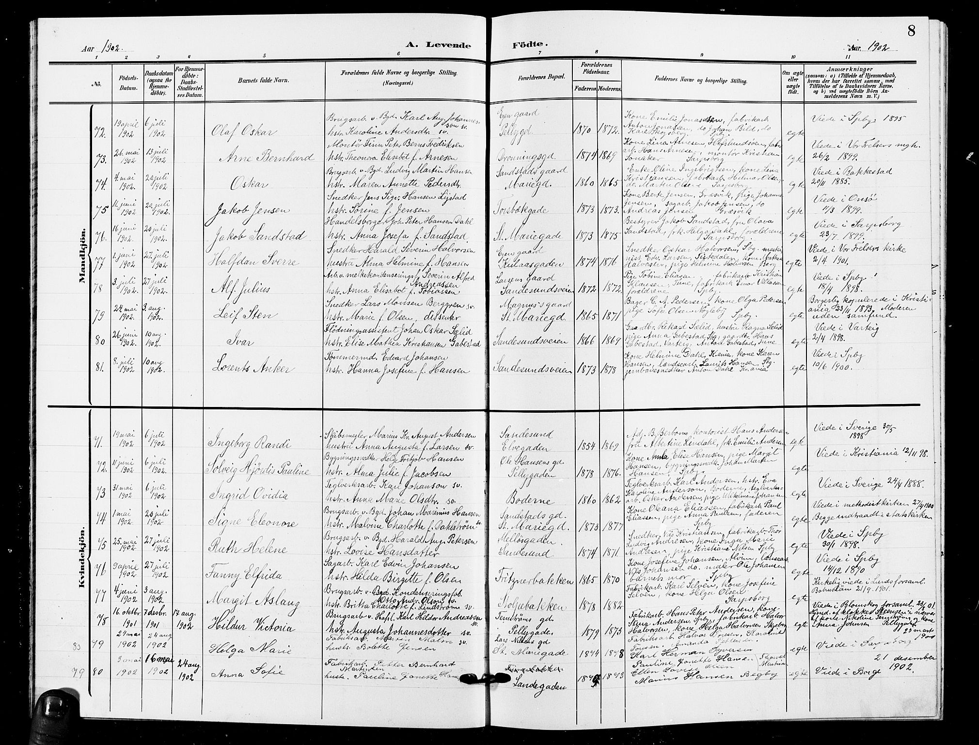 Sarpsborg prestekontor Kirkebøker, AV/SAO-A-2006/G/Ga/L0001: Parish register (copy) no. 1, 1902-1911, p. 8