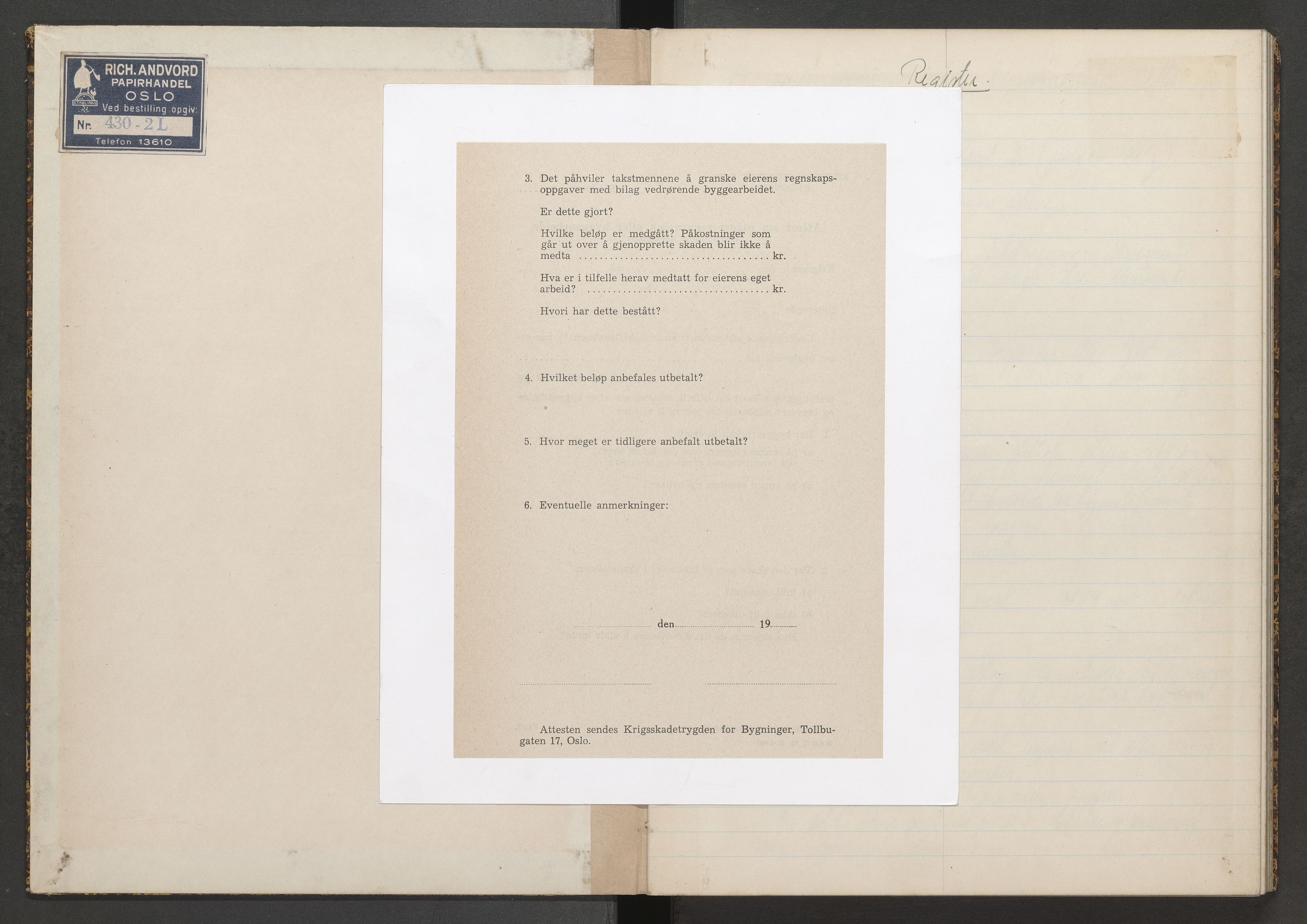 Norges brannkasse, branntakster Oslo, AV/SAO-A-11402/F/Fd/L0008: Krigsskadetakstprotokoll - nr. 9 b, 1944