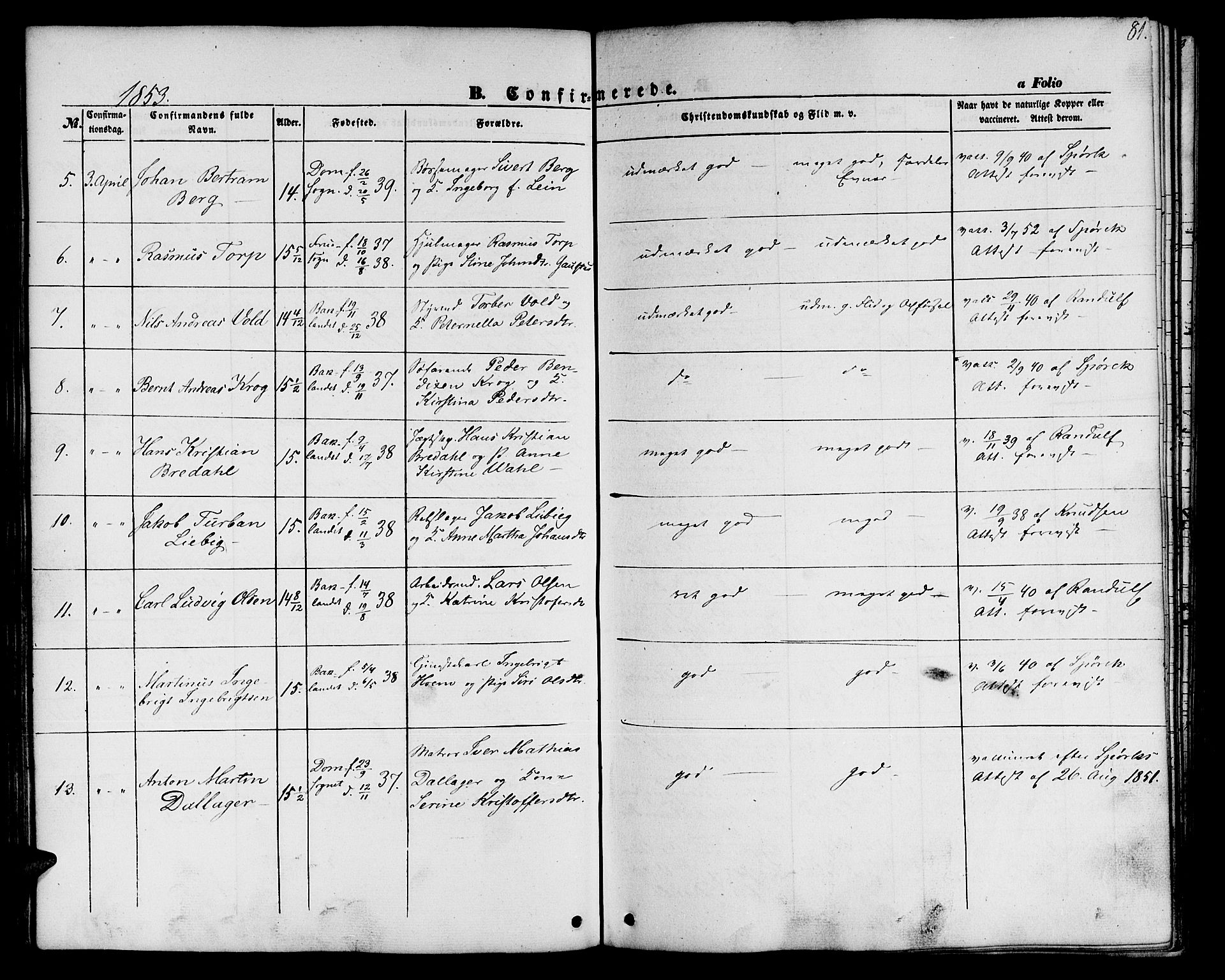 Ministerialprotokoller, klokkerbøker og fødselsregistre - Sør-Trøndelag, SAT/A-1456/604/L0184: Parish register (official) no. 604A05, 1851-1860, p. 81