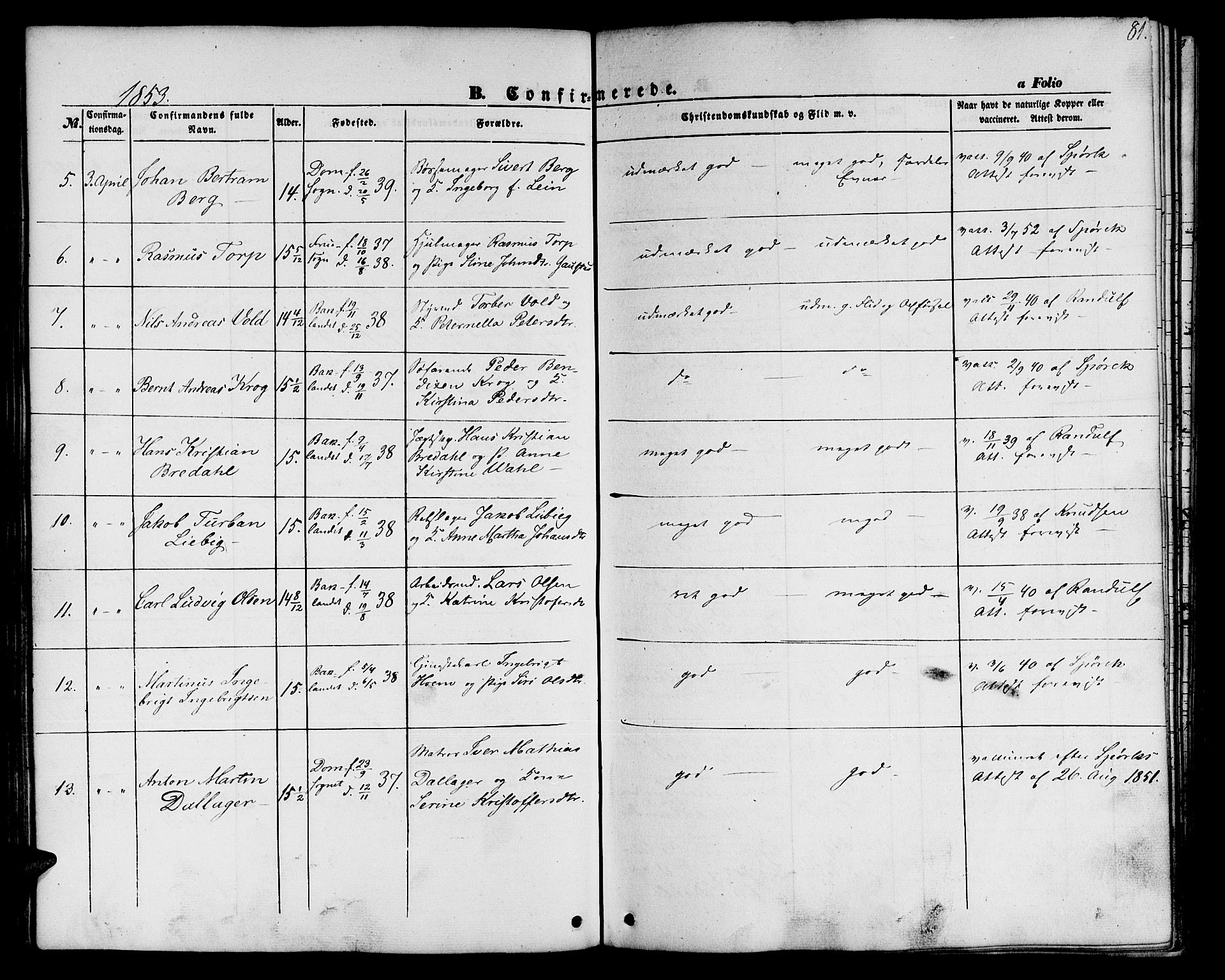 Ministerialprotokoller, klokkerbøker og fødselsregistre - Sør-Trøndelag, AV/SAT-A-1456/604/L0184: Parish register (official) no. 604A05, 1851-1860, p. 81