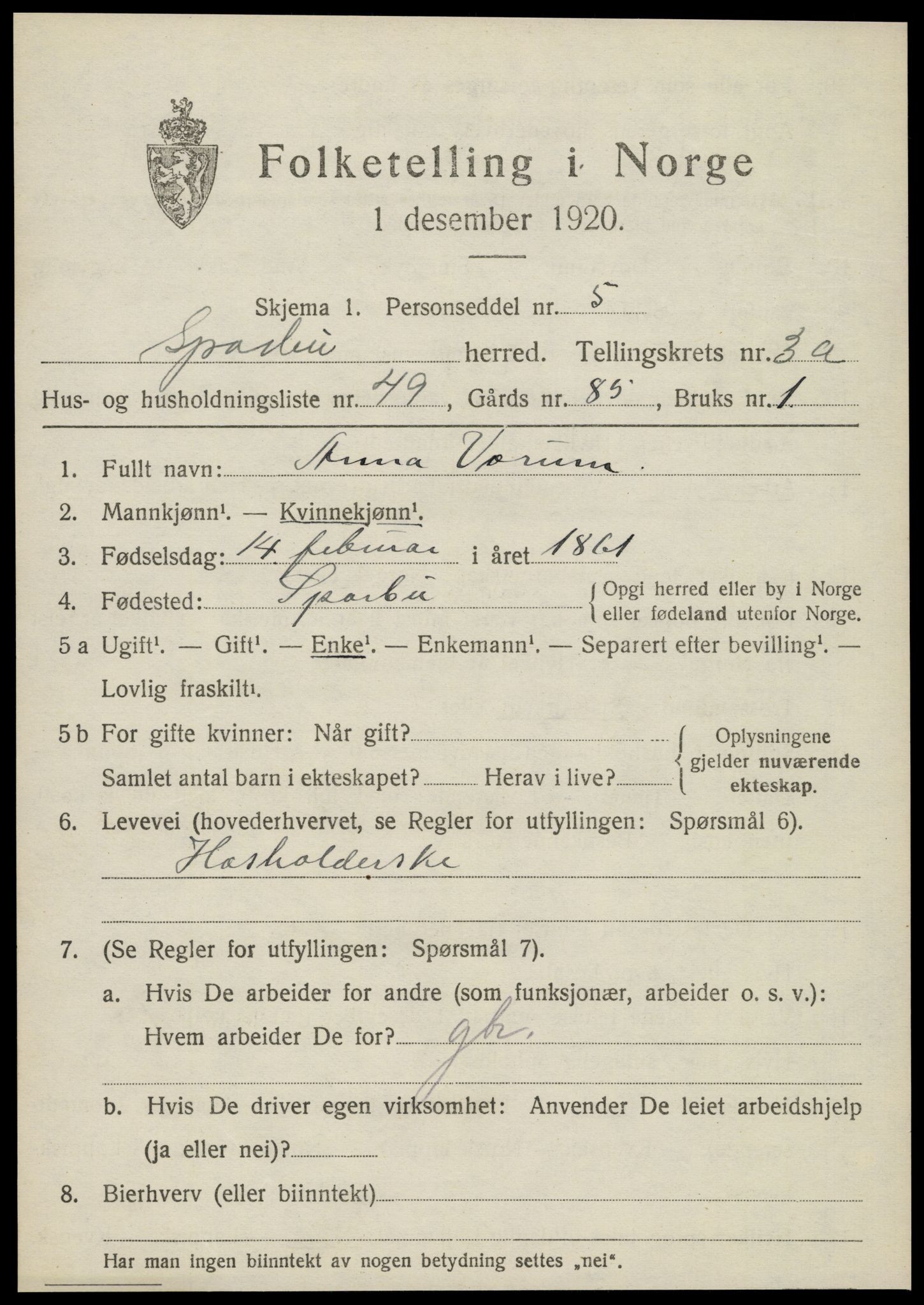 SAT, 1920 census for Sparbu, 1920, p. 4821