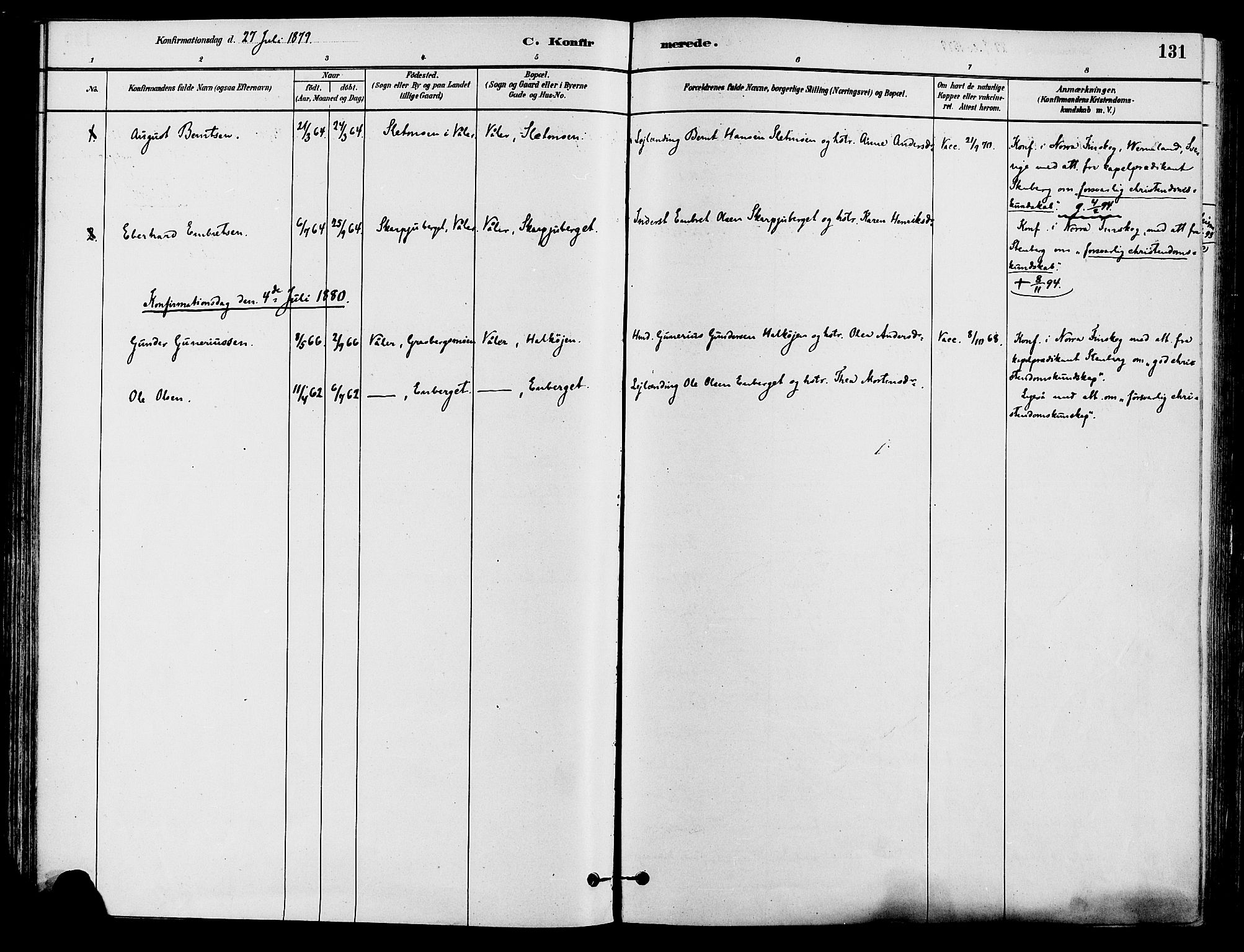 Våler prestekontor, Hedmark, SAH/PREST-040/H/Ha/Haa/L0002: Parish register (official) no. 3, 1879-1911, p. 131