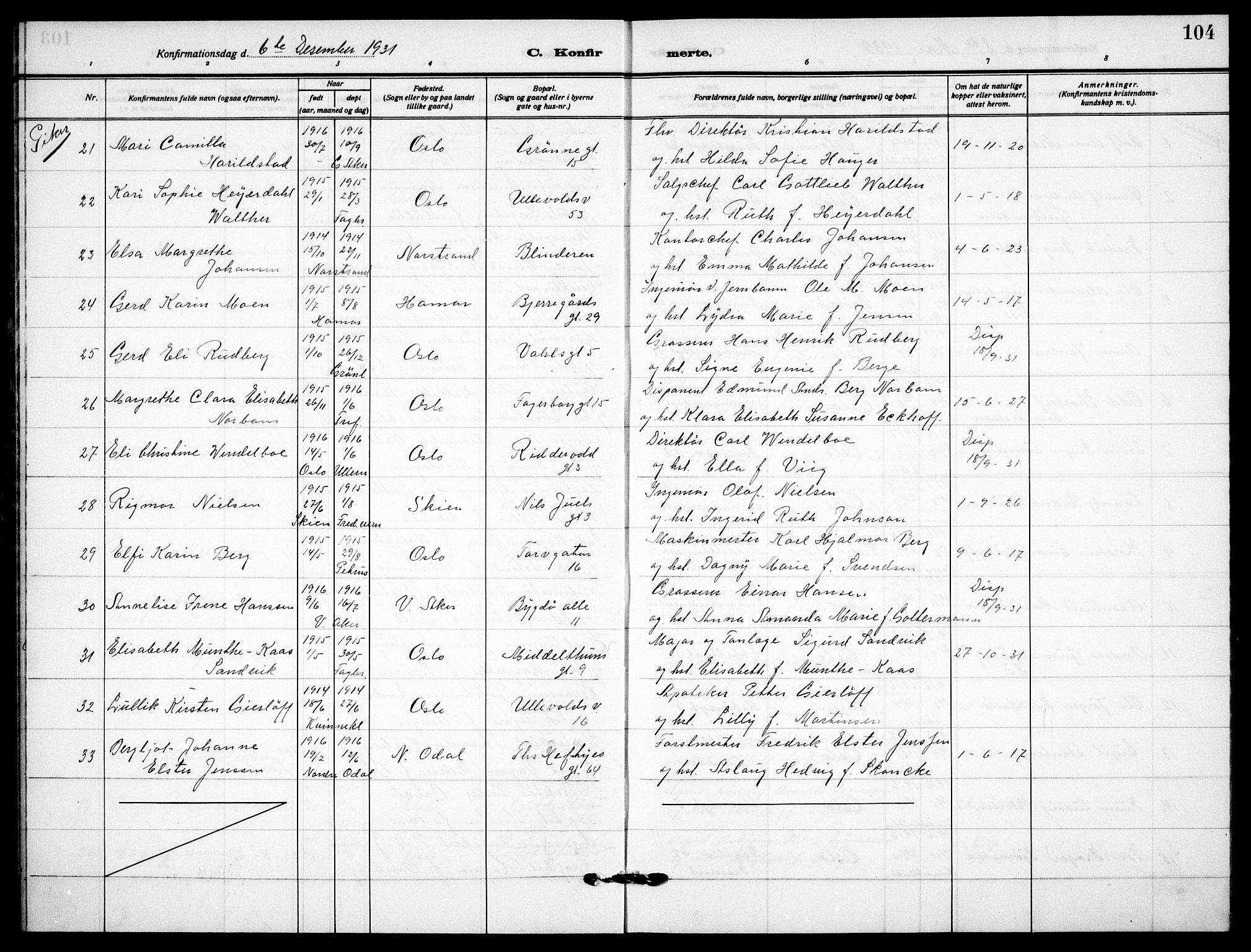 Garnisonsmenigheten Kirkebøker, AV/SAO-A-10846/F/Fa/L0017: Parish register (official) no. 17, 1926-1937, p. 104