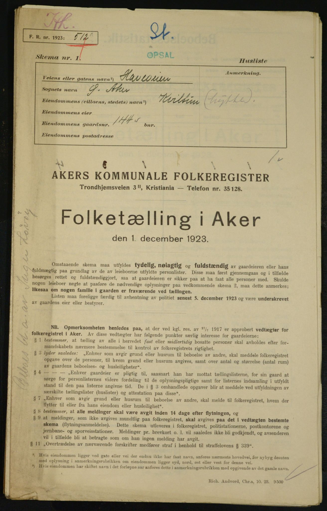 , Municipal Census 1923 for Aker, 1923, p. 25733