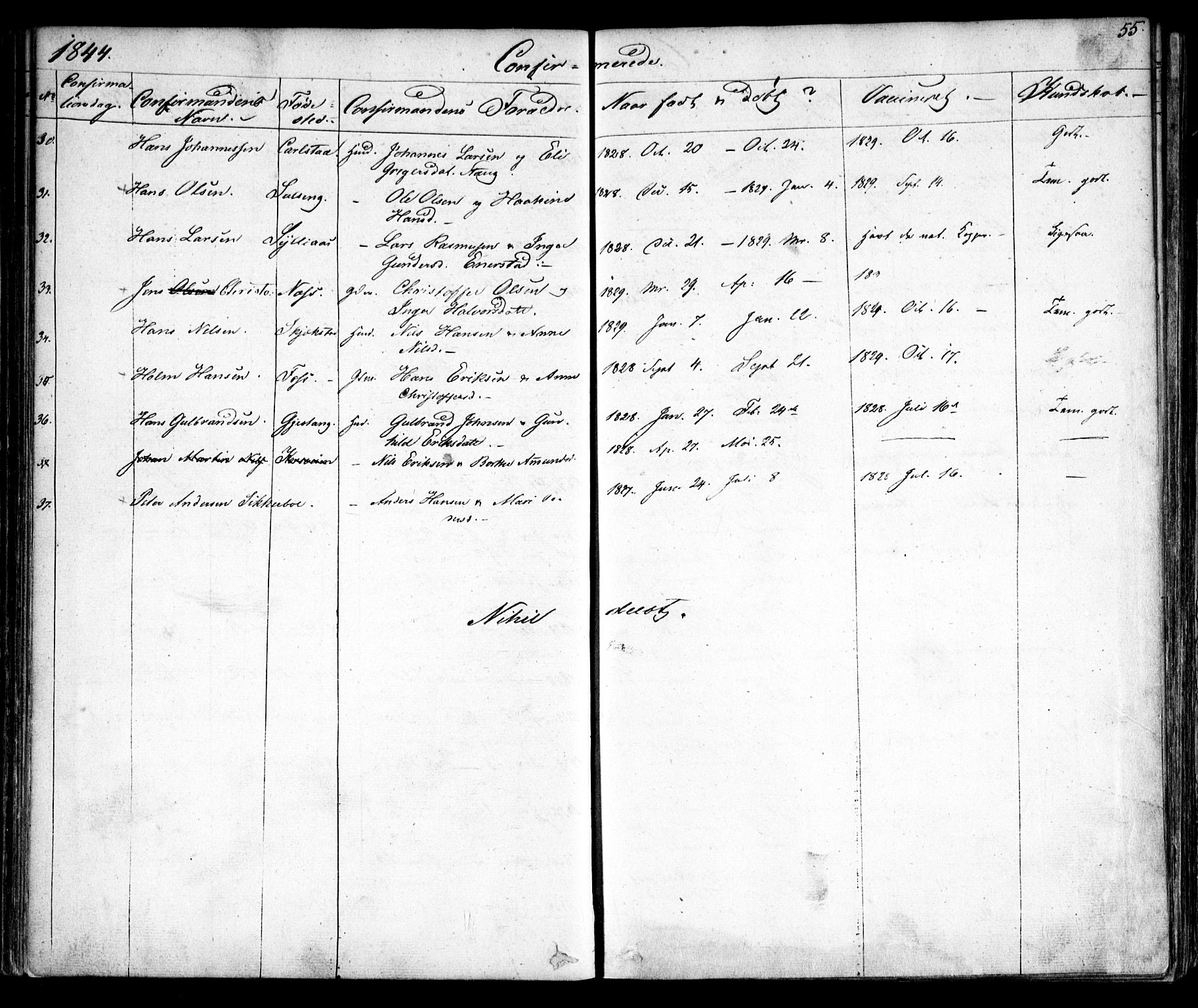 Enebakk prestekontor Kirkebøker, AV/SAO-A-10171c/F/Fa/L0010: Parish register (official) no. I 10, 1829-1876, p. 55