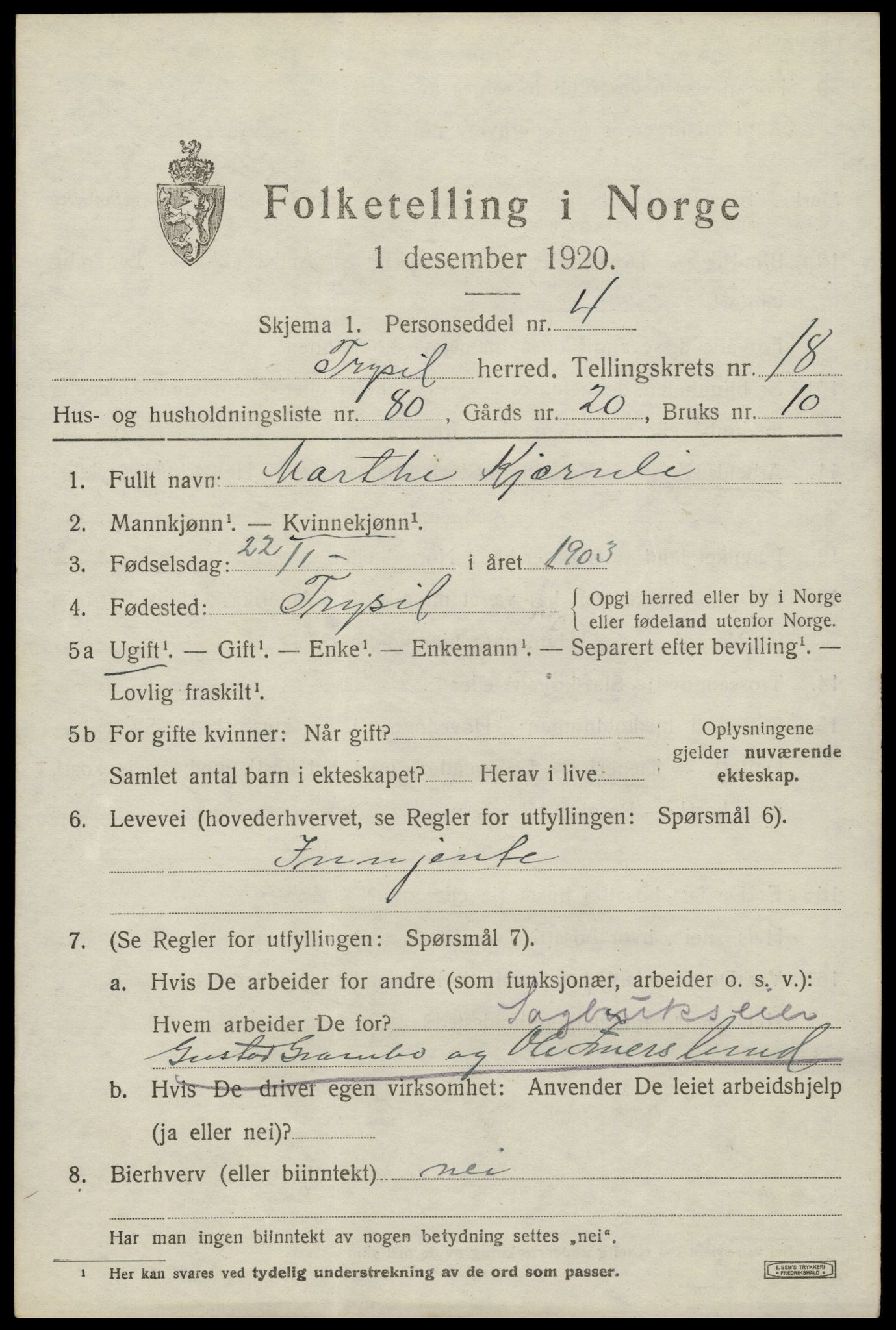 SAH, 1920 census for Trysil, 1920, p. 12721