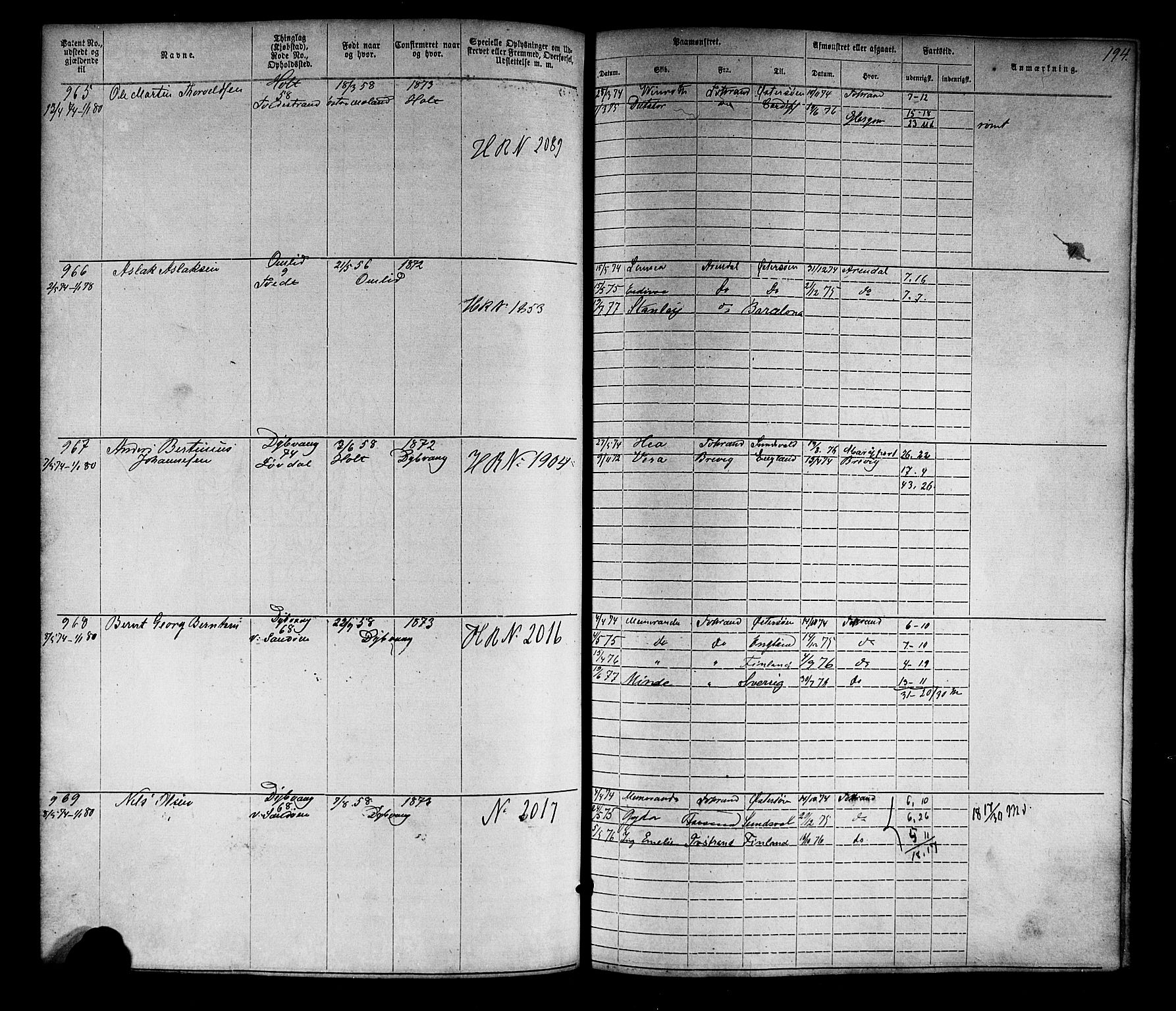 Tvedestrand mønstringskrets, SAK/2031-0011/F/Fa/L0003: Annotasjonsrulle nr 1-1905 med register, U-25, 1866-1886, p. 217