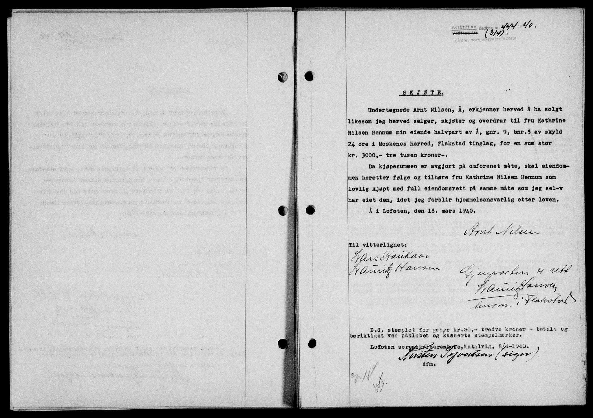 Lofoten sorenskriveri, SAT/A-0017/1/2/2C/L0007a: Mortgage book no. 7a, 1939-1940, Diary no: : 444/1940