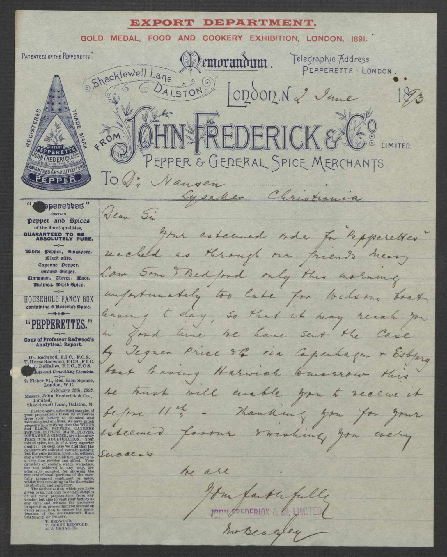 Arbeidskomitéen for Fridtjof Nansens polarekspedisjon, AV/RA-PA-0061/D/L0004: Innk. brev og telegrammer vedr. proviant og utrustning, 1892-1893, p. 645