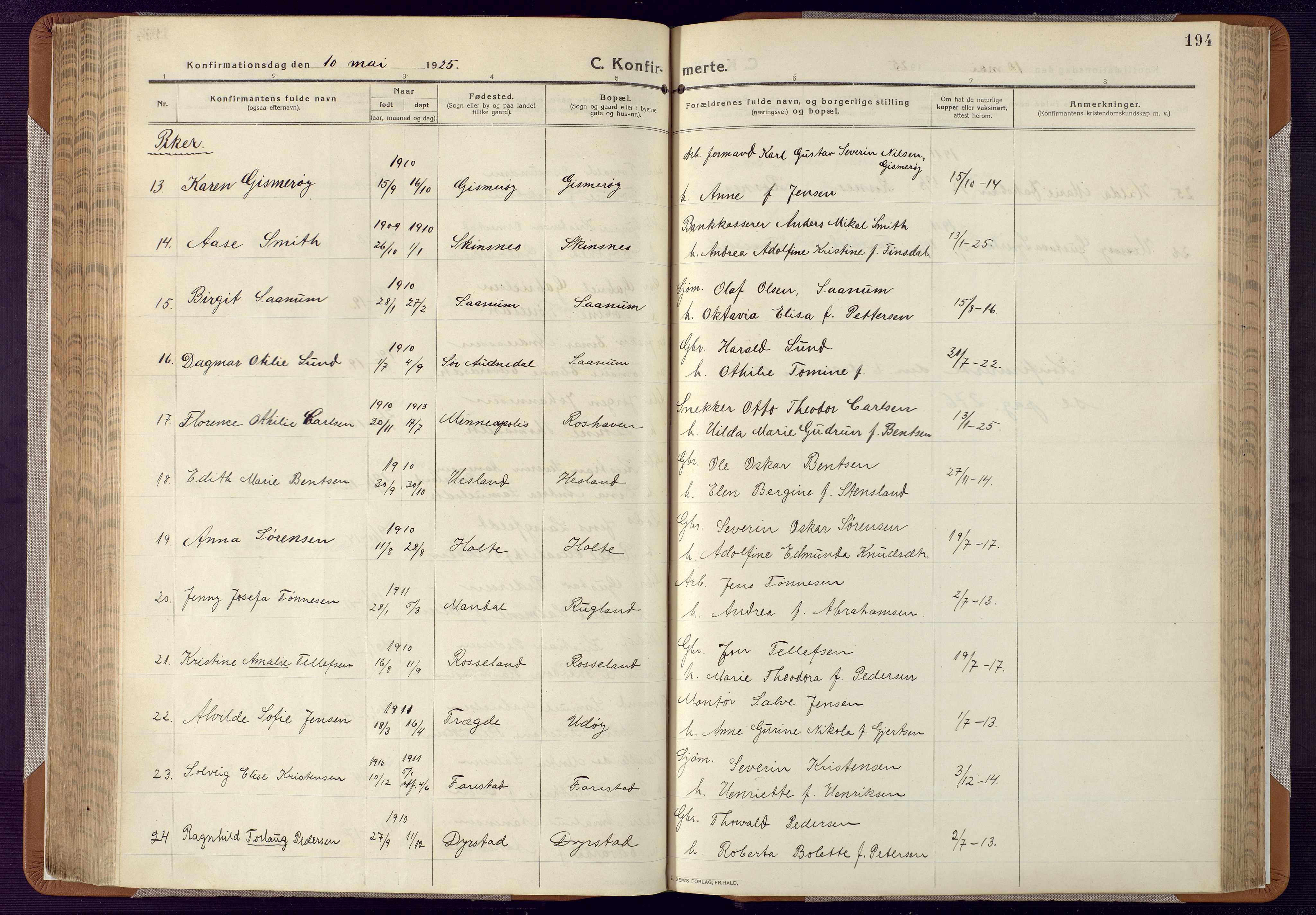 Mandal sokneprestkontor, AV/SAK-1111-0030/F/Fa/Faa/L0022: Parish register (official) no. A 22, 1913-1925, p. 194