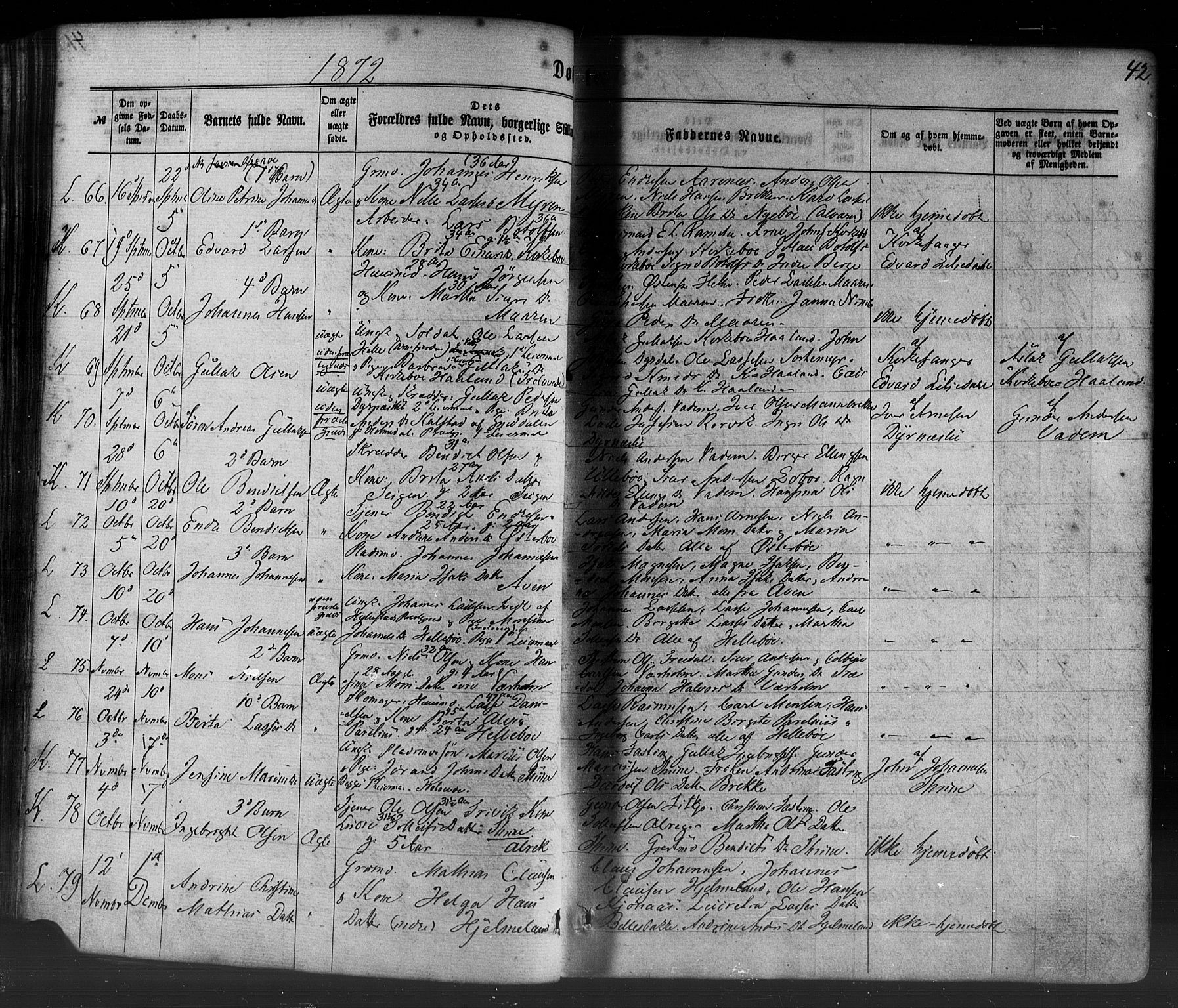 Lavik sokneprestembete, AV/SAB-A-80901: Parish register (official) no. A 4, 1864-1881, p. 42