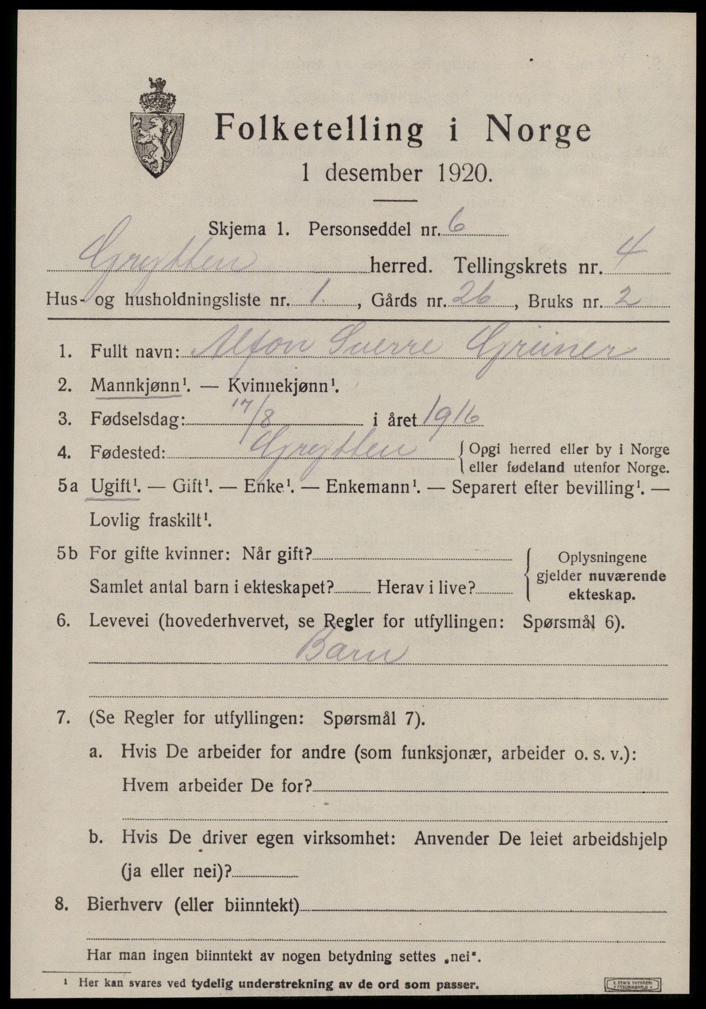 SAT, 1920 census for Grytten, 1920, p. 2630