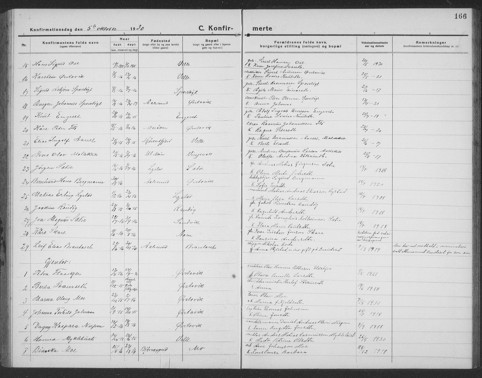 Ministerialprotokoller, klokkerbøker og fødselsregistre - Møre og Romsdal, SAT/A-1454/513/L0191: Parish register (copy) no. 513C05, 1920-1941, p. 166