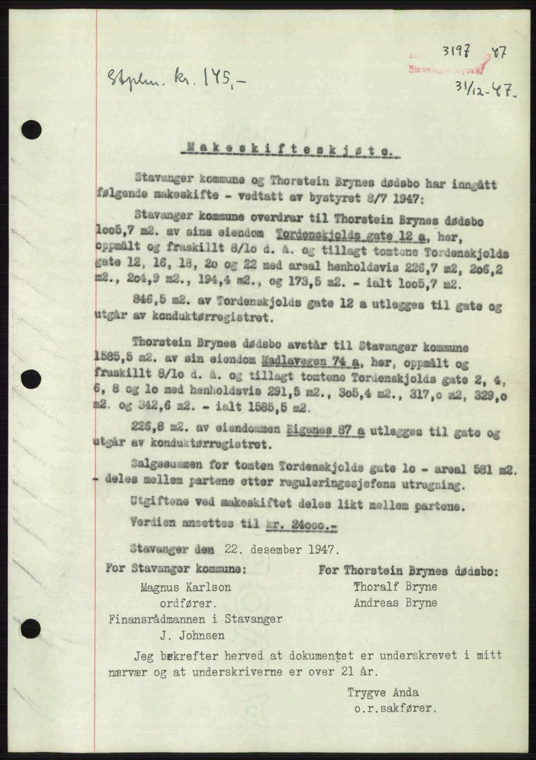 Stavanger byrett, SAST/A-100455/002/G/Gb/L0022: Mortgage book no. A11, 1947-1948, Diary no: : 3197/1947