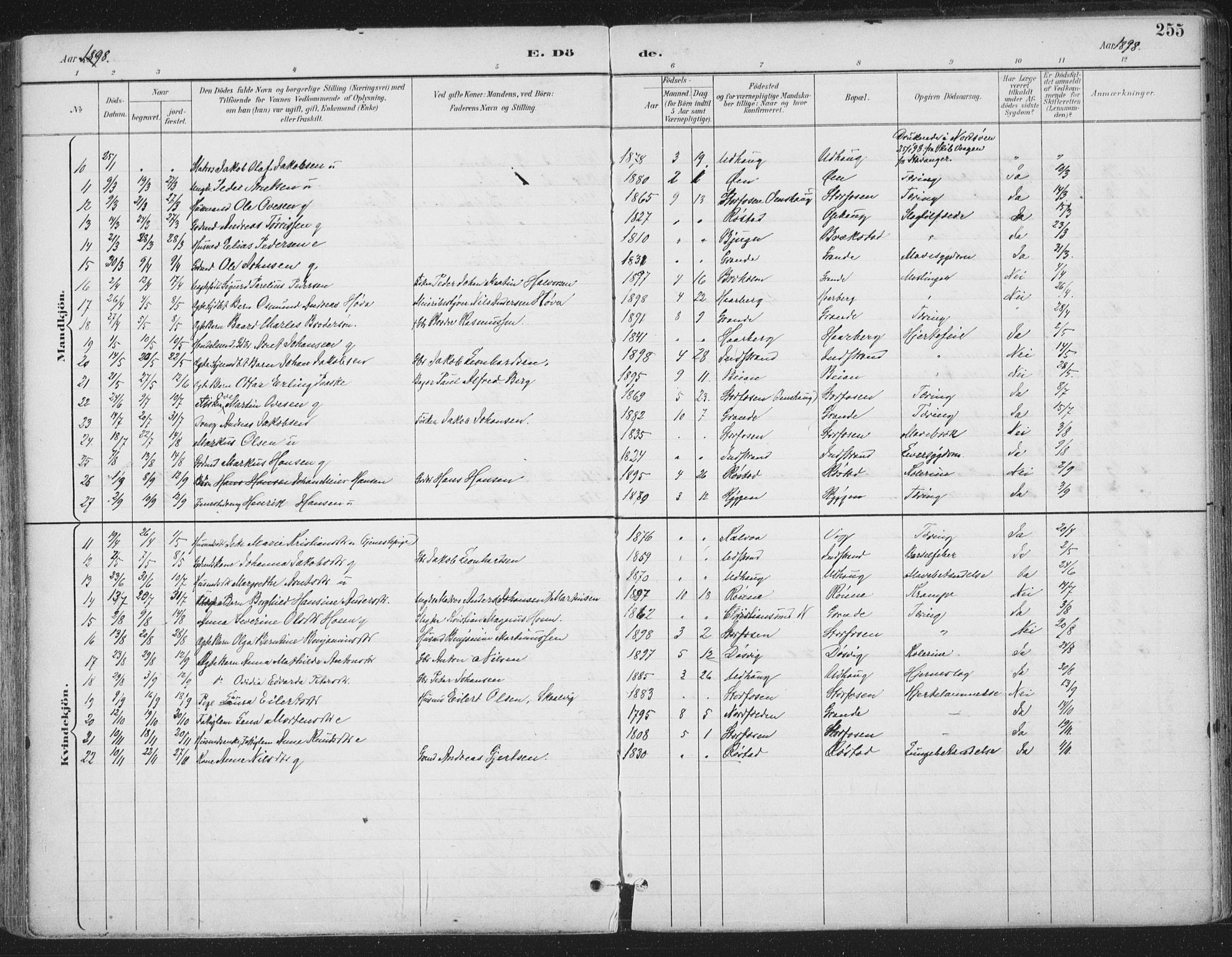 Ministerialprotokoller, klokkerbøker og fødselsregistre - Sør-Trøndelag, SAT/A-1456/659/L0743: Parish register (official) no. 659A13, 1893-1910, p. 255