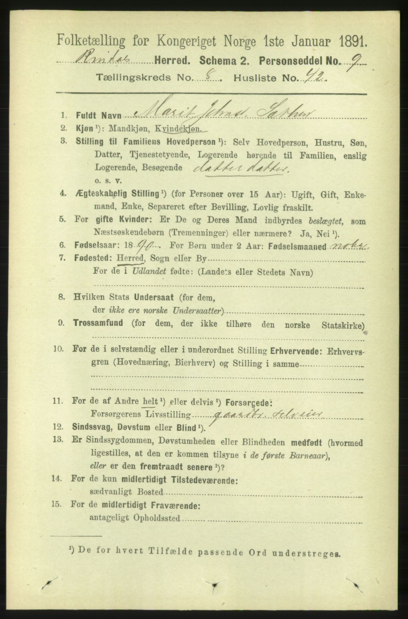 RA, 1891 census for 1567 Rindal, 1891, p. 2753