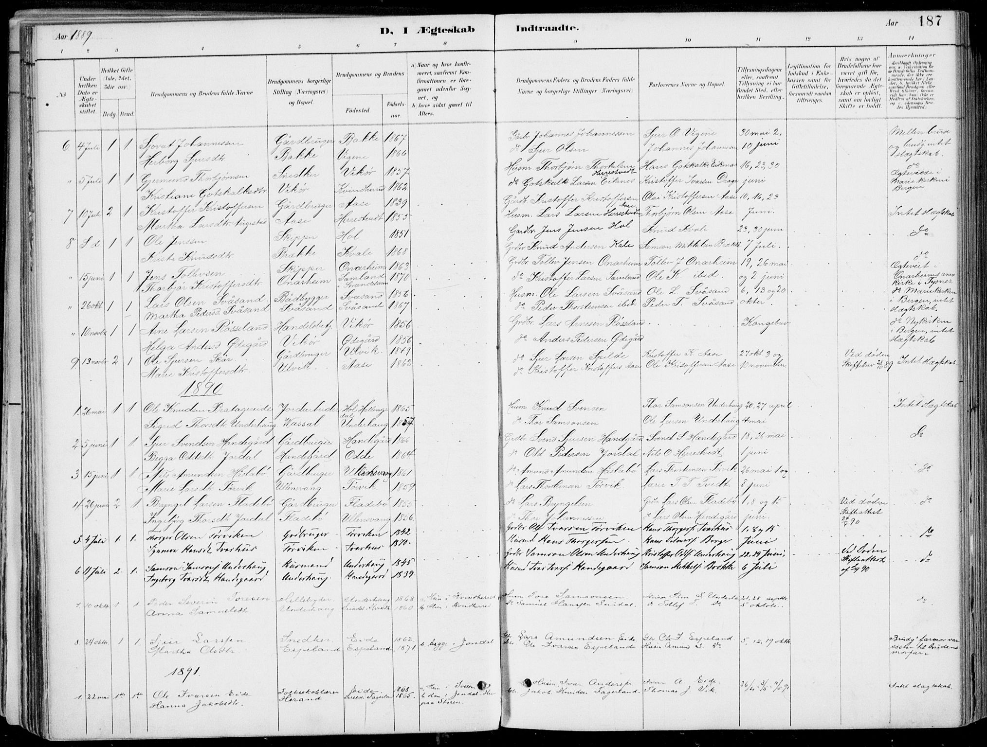 Strandebarm sokneprestembete, SAB/A-78401/H/Haa: Parish register (official) no. E  1, 1886-1908, p. 187