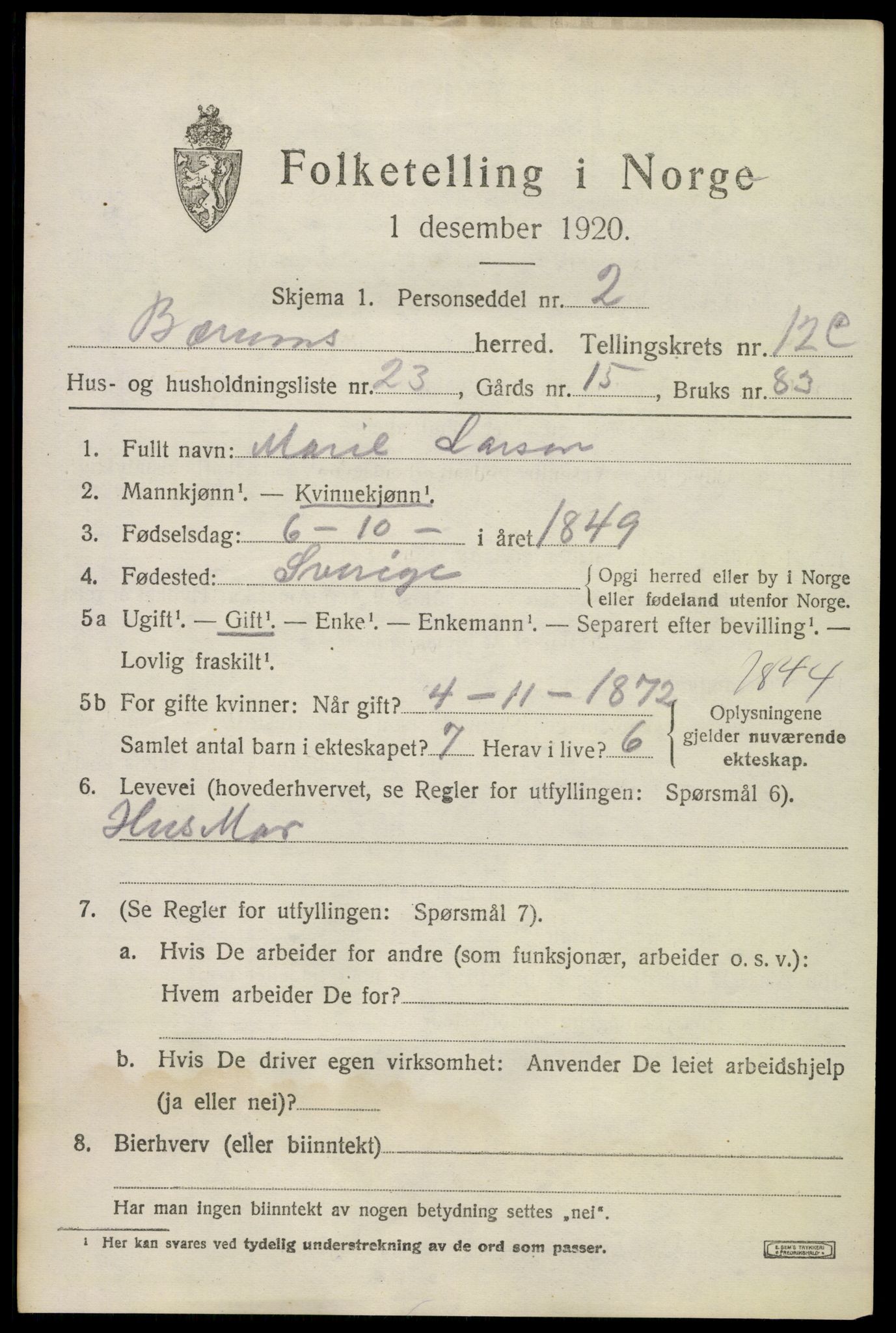 SAO, 1920 census for Bærum, 1920, p. 29848