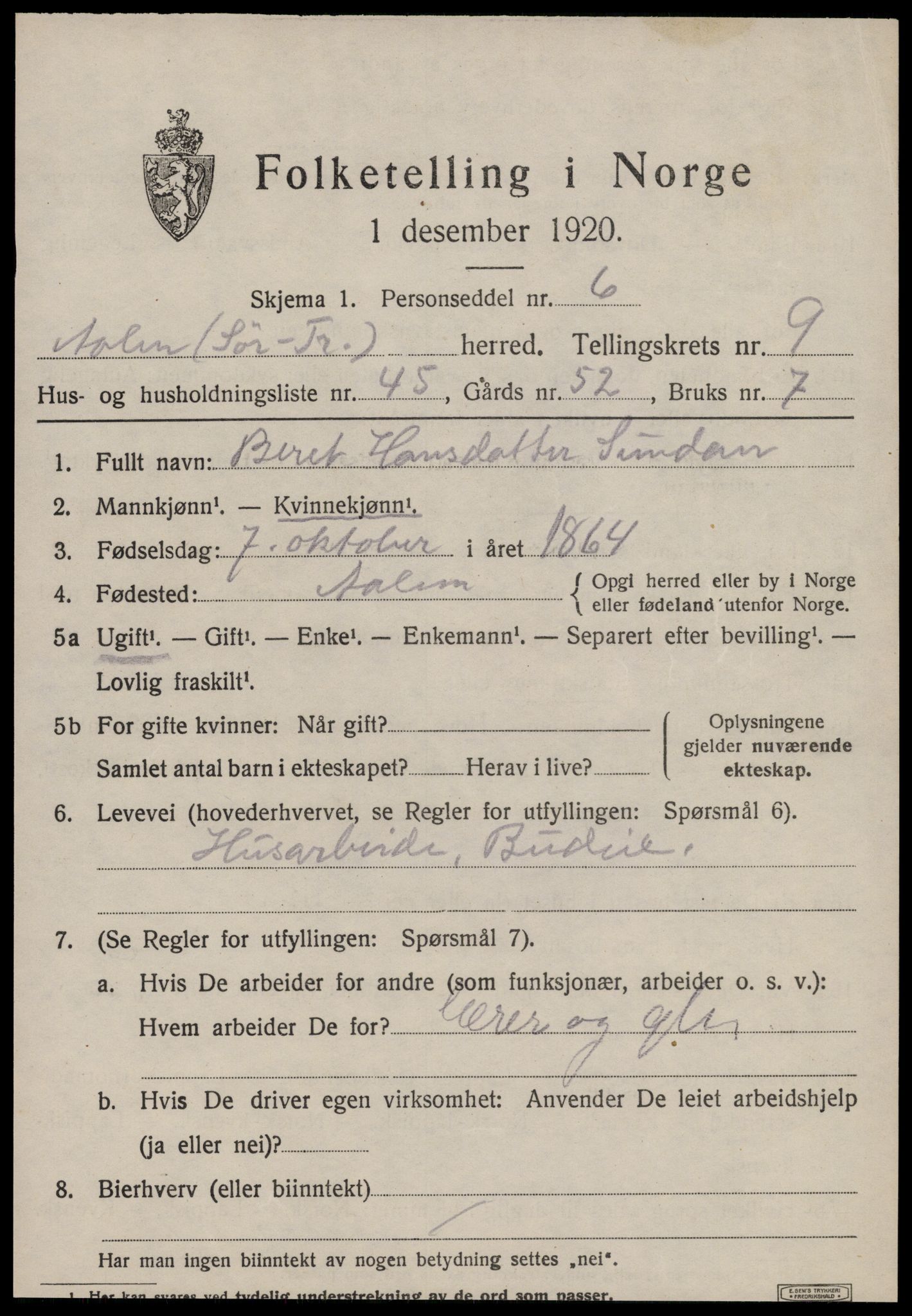 SAT, 1920 census for Ålen, 1920, p. 4662