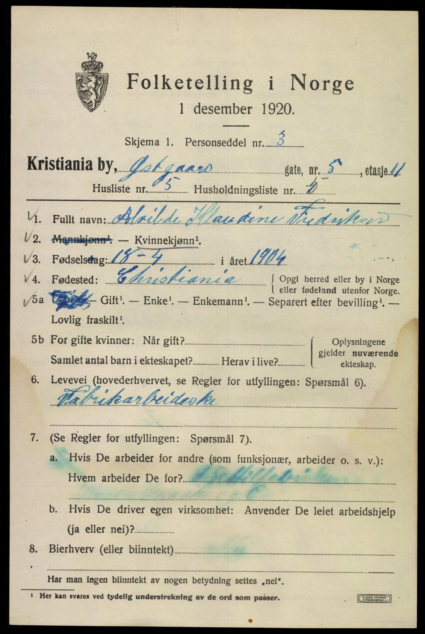 SAO, 1920 census for Kristiania, 1920, p. 656805