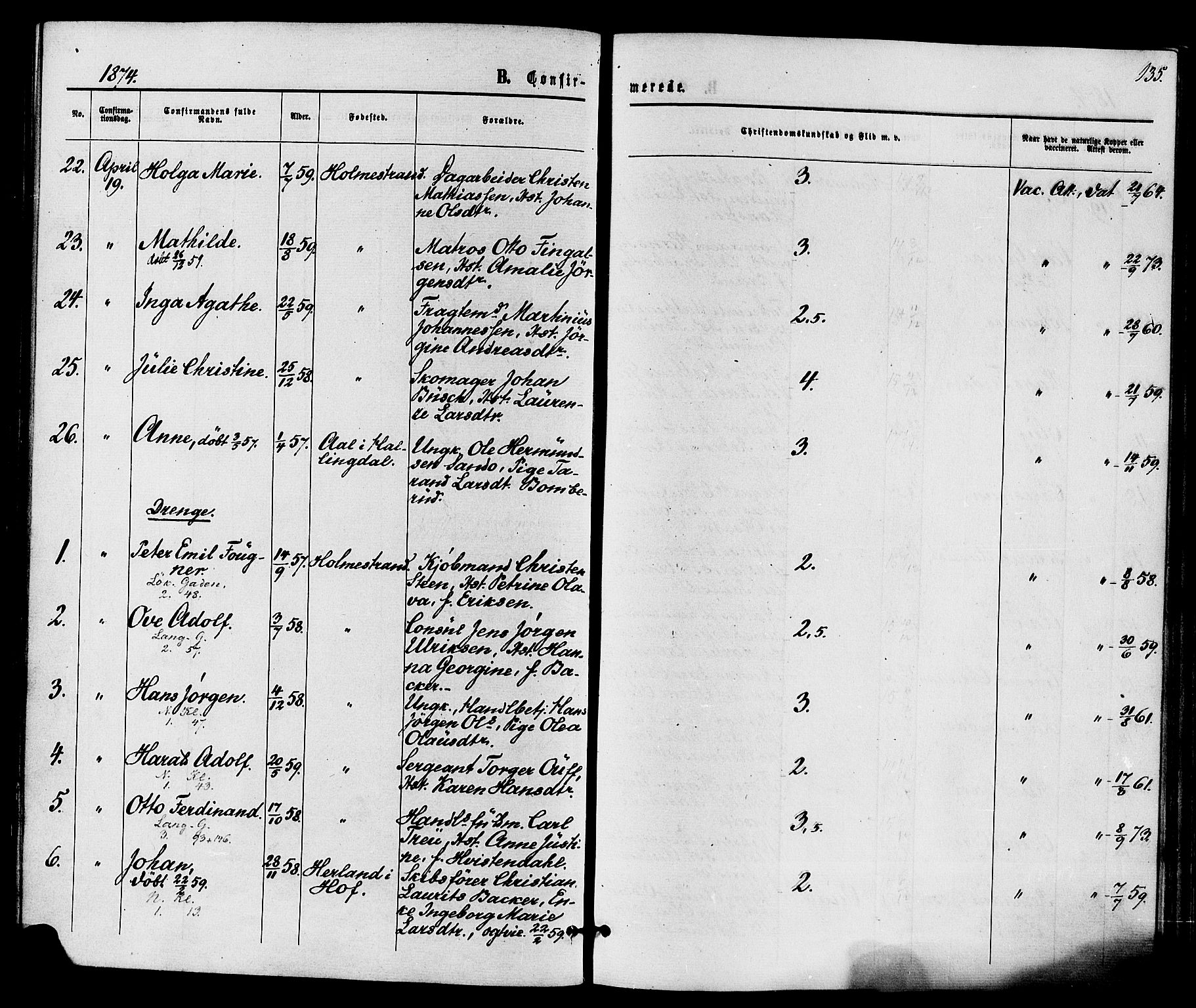 Holmestrand kirkebøker, AV/SAKO-A-346/F/Fa/L0003: Parish register (official) no. 3, 1867-1879, p. 135