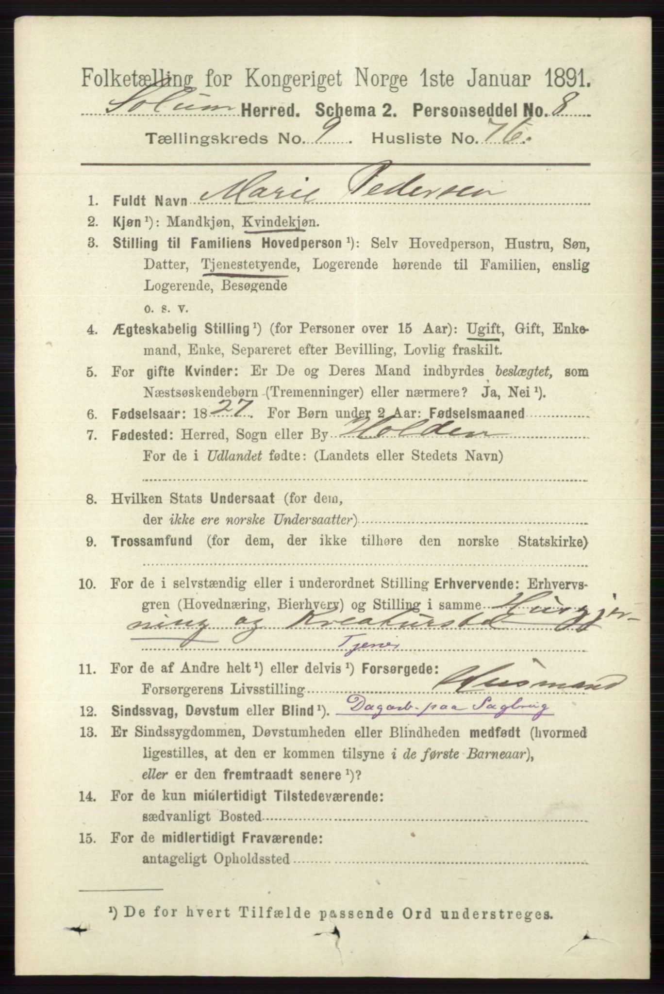 RA, 1891 census for 0818 Solum, 1891, p. 2484