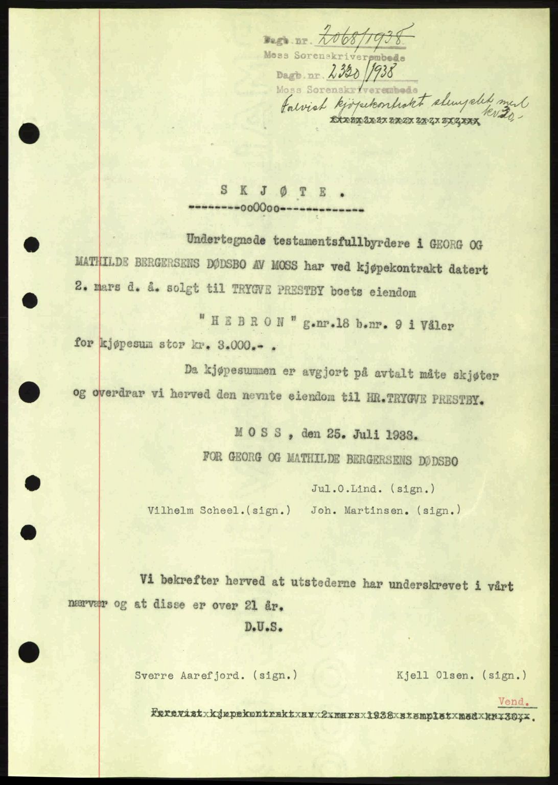 Moss sorenskriveri, SAO/A-10168: Mortgage book no. A5, 1938-1939, Diary no: : 2330/1938